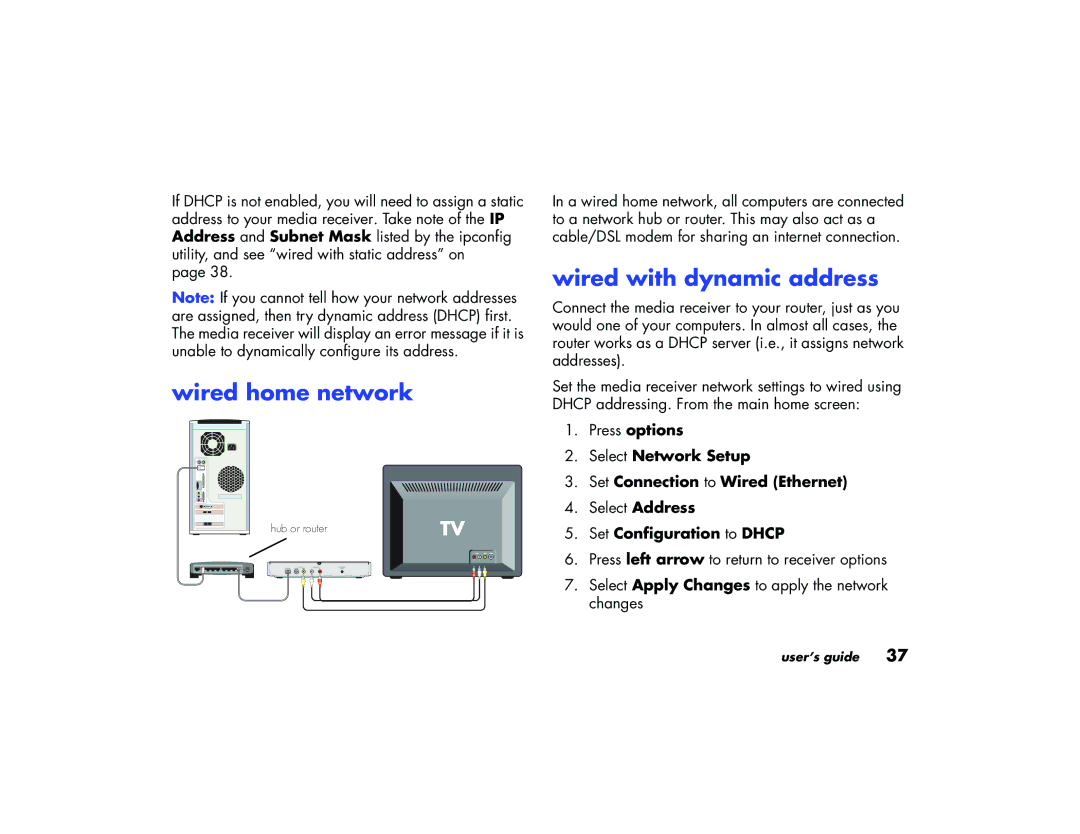 HP EN 5000 Media Receiver manual Wired home network, Wired with dynamic address, Set Configuration to Dhcp 