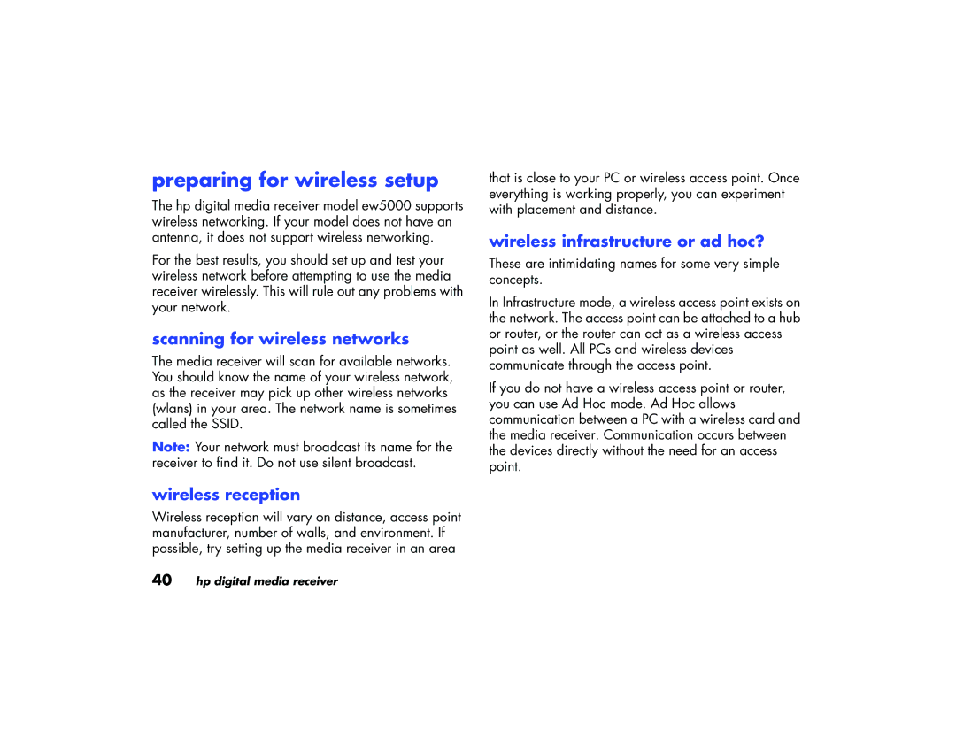 HP EW 5000 Media Receiver manual Preparing for wireless setup, Scanning for wireless networks, Wireless reception 