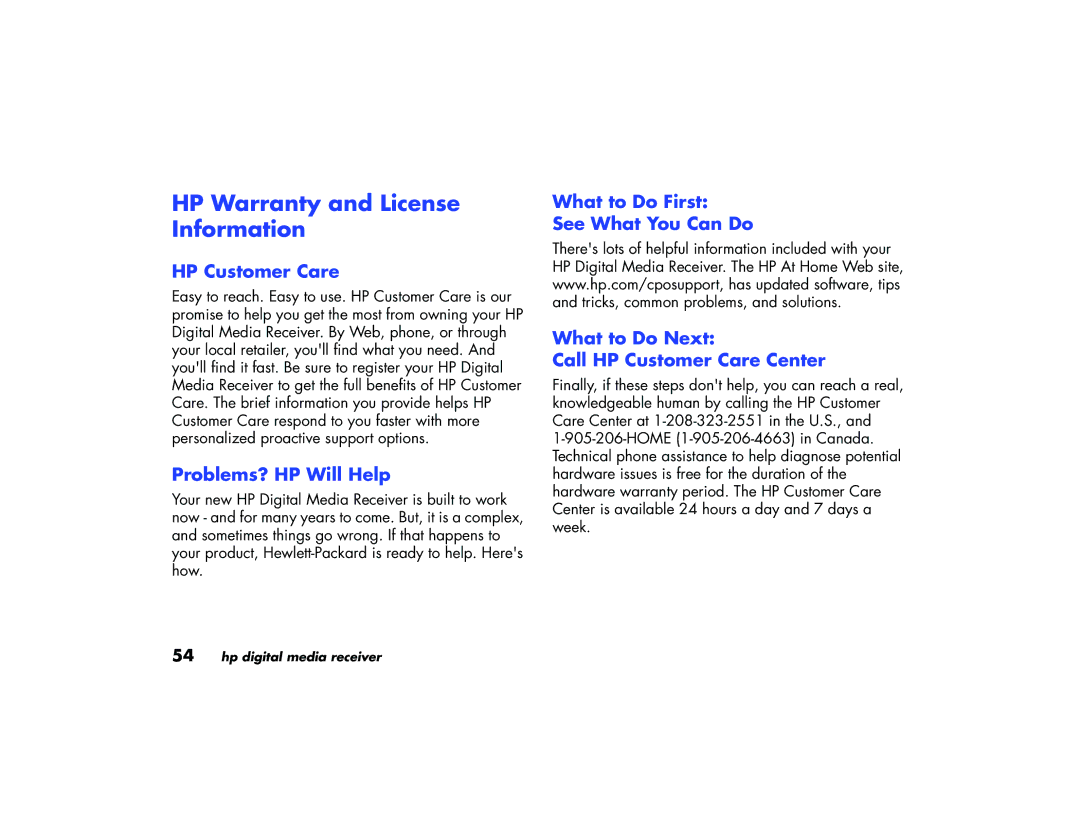 HP EW 5000 Media Receiver manual HP Warranty and License Information, HP Customer Care, Problems? HP Will Help 