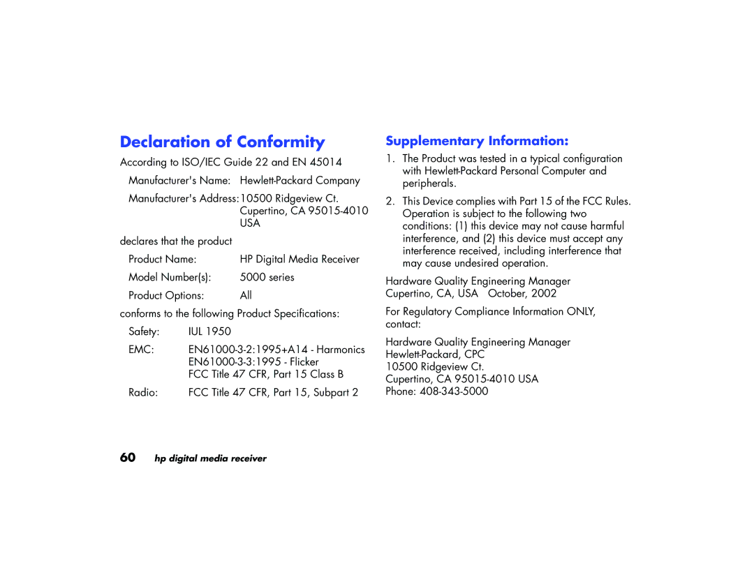 HP EW 5000 Media Receiver, EN 5000 Media Receiver manual Declaration of Conformity, Supplementary Information 