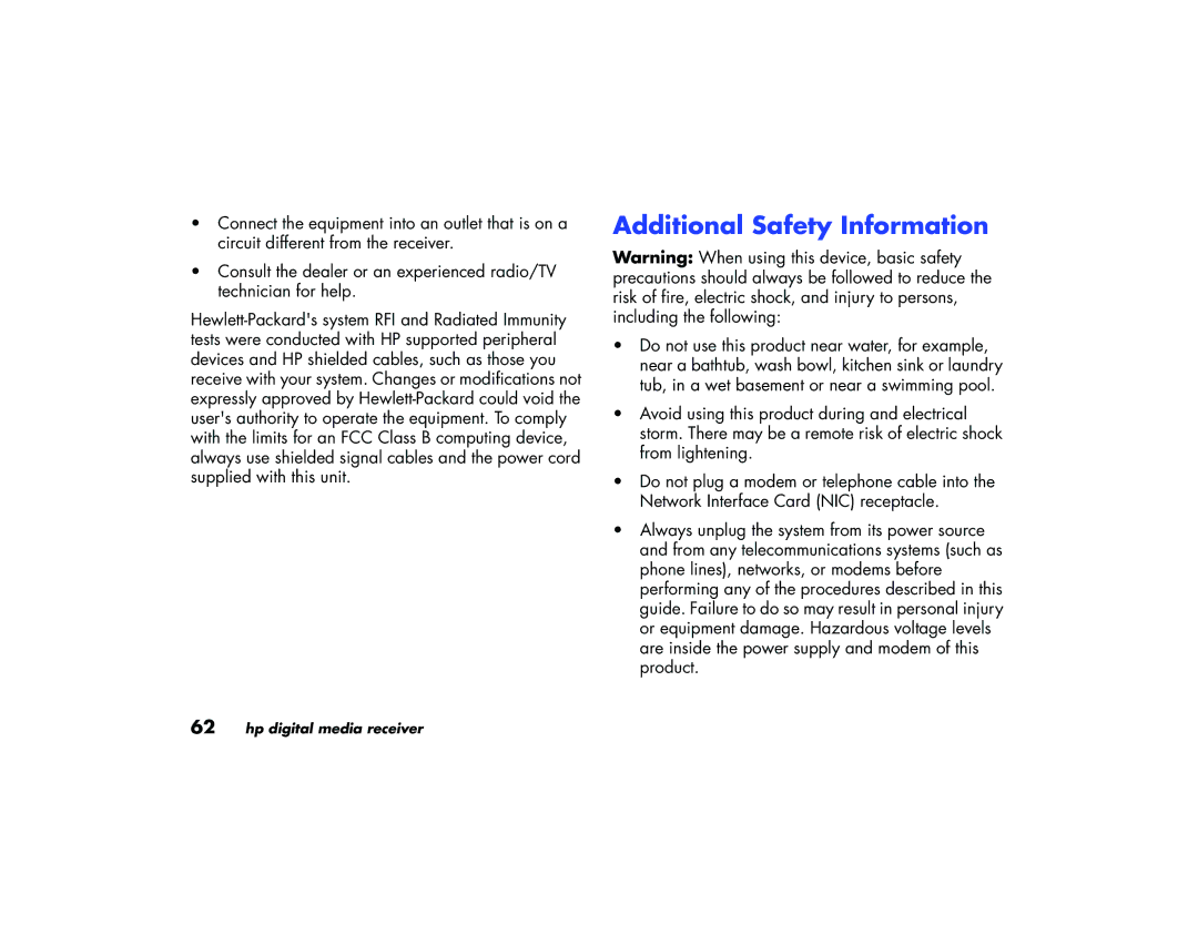 HP EW 5000 Media Receiver, EN 5000 Media Receiver manual Additional Safety Information 