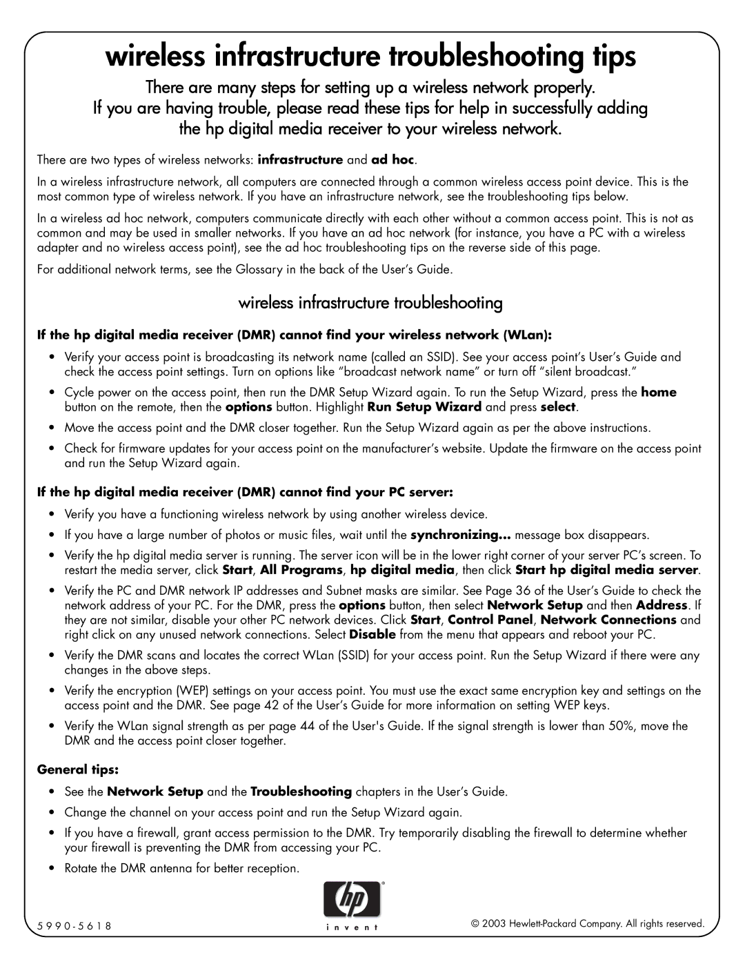 HP EW 5000 Media Receiver manual Wireless infrastructure troubleshooting tips, General tips 