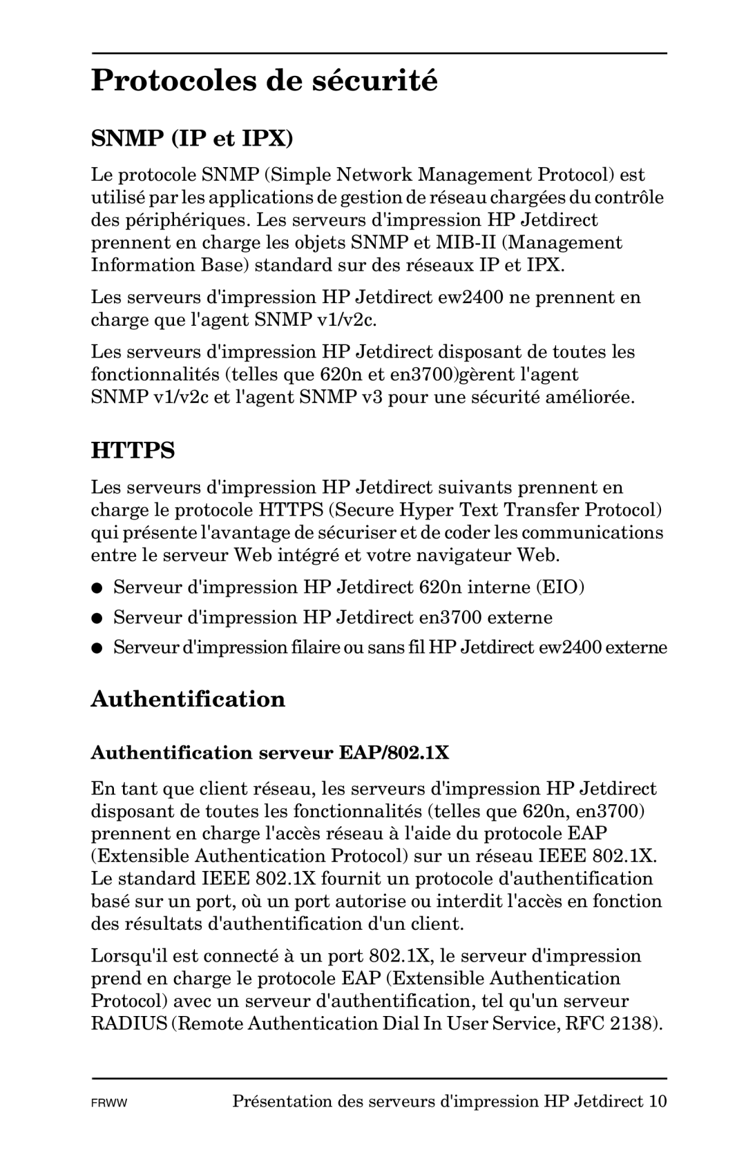 HP 620n, Ew2400, En3700 manual Protocoles de sécurité, Snmp IP et IPX, Authentification serveur EAP/802.1X 