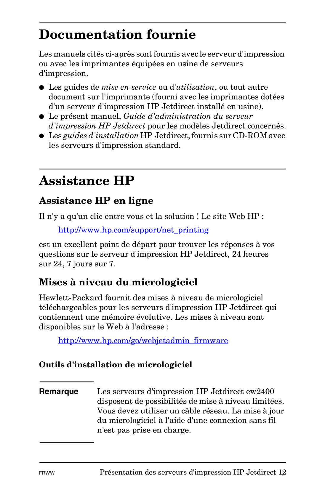 HP Ew2400, 620n, En3700 manual Documentation fournie, Assistance HP en ligne, Mises à niveau du micrologiciel 