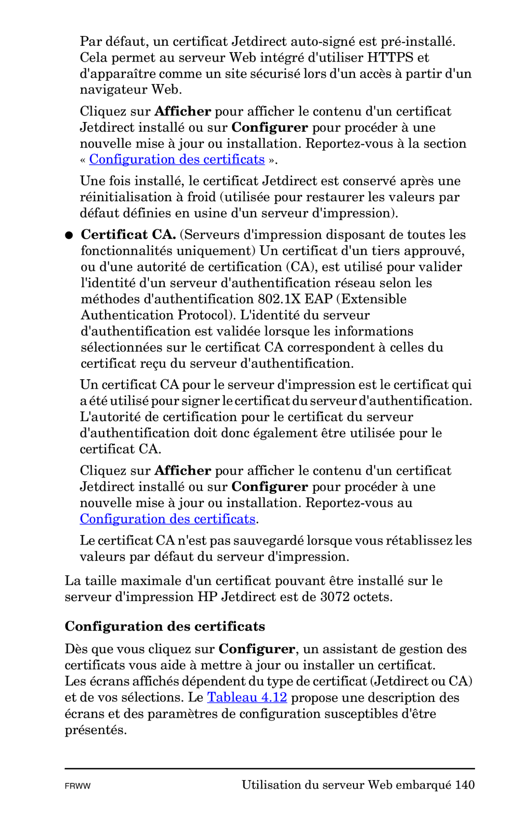 HP En3700, Ew2400, 620n manual « Configuration des certificats » 