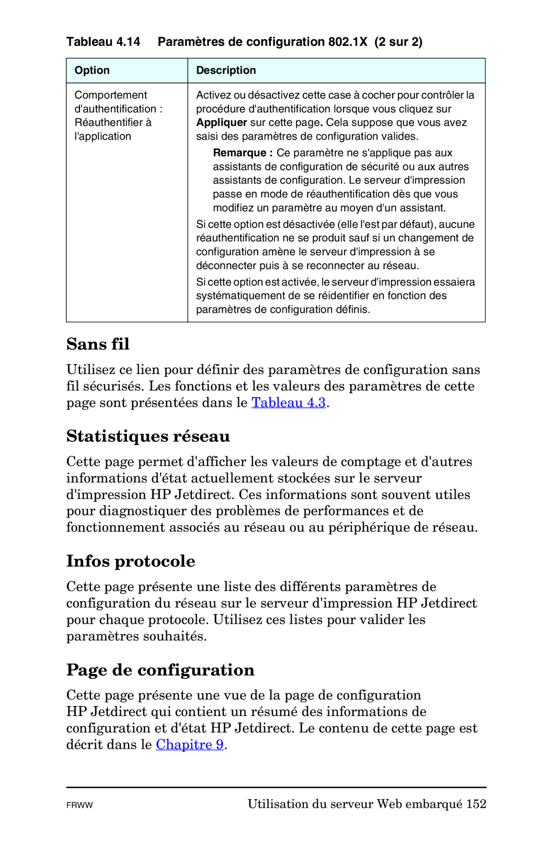 HP En3700, Ew2400, 620n manual Sans fil, Statistiques réseau, Infos protocole, De configuration 