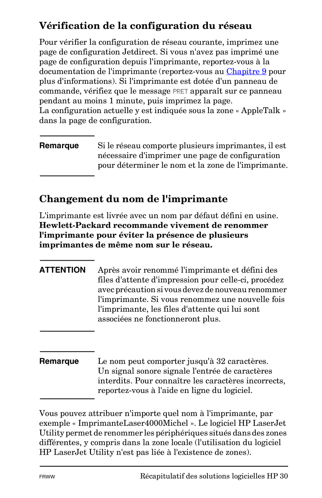 HP Ew2400, 620n, En3700 manual Vérification de la configuration du réseau, Changement du nom de limprimante 