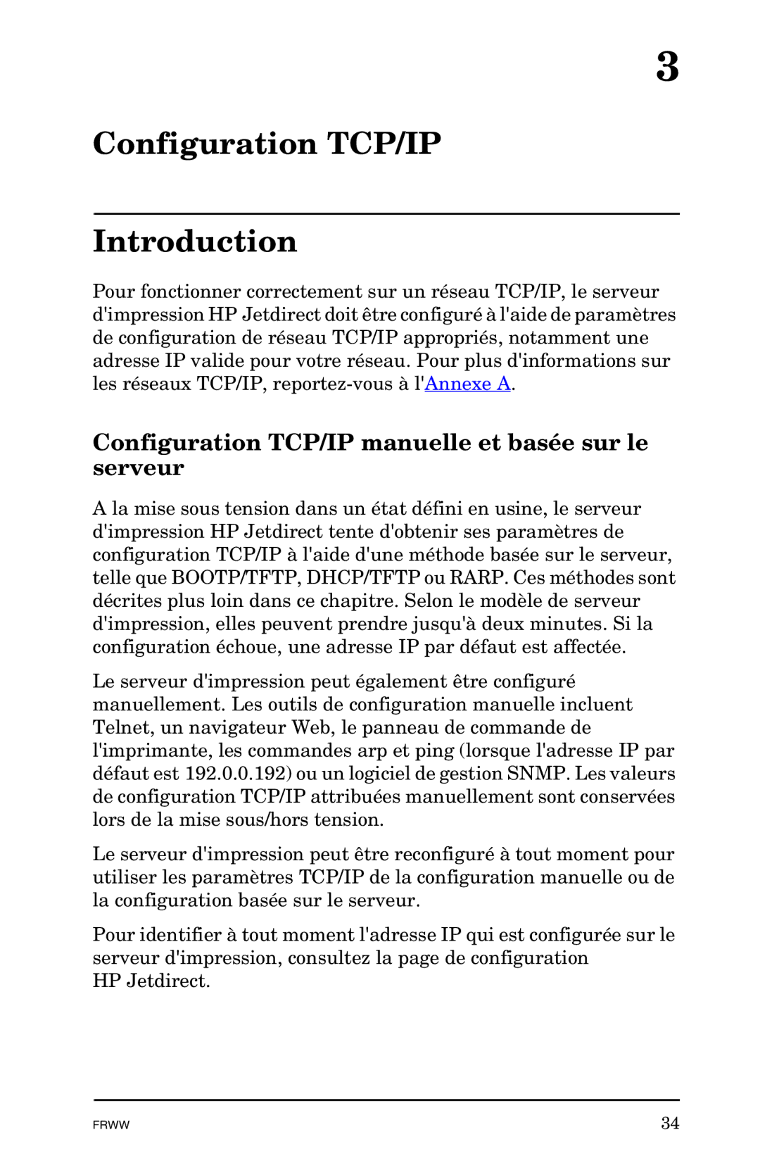 HP 620n, Ew2400, En3700 manual Configuration TCP/IP Introduction, Configuration TCP/IP manuelle et basée sur le serveur 