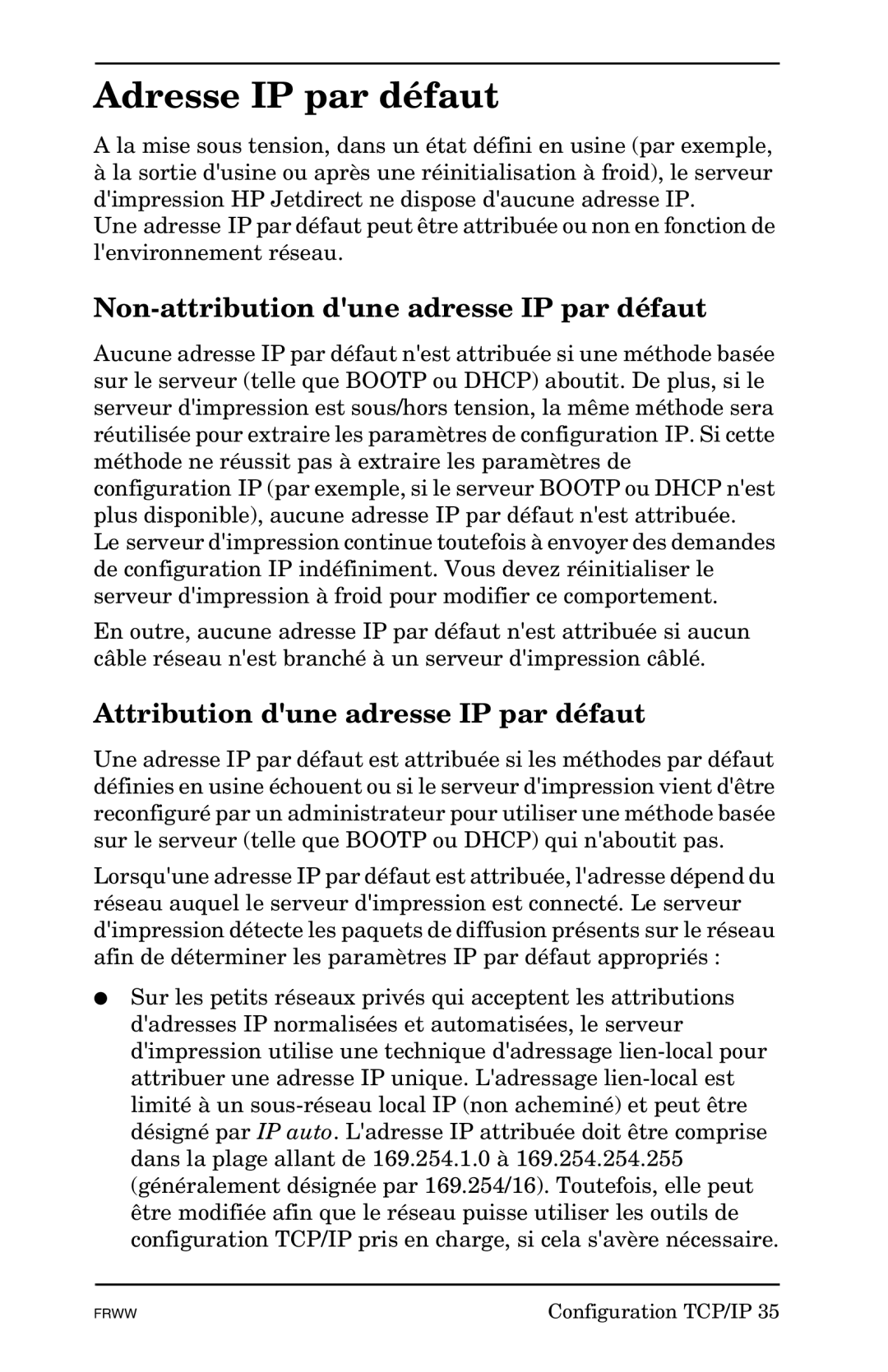 HP En3700, 620n Adresse IP par défaut, Non-attribution dune adresse IP par défaut, Attribution dune adresse IP par défaut 