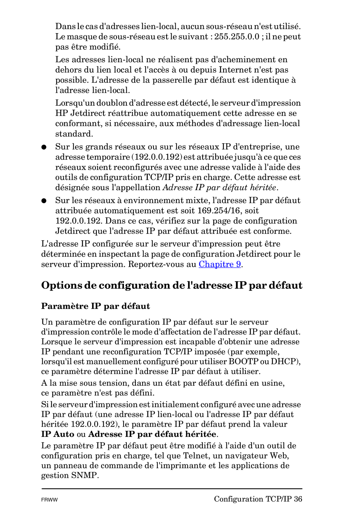 HP Ew2400, 620n, En3700 manual Options de configuration de ladresse IP par défaut, Paramètre IP par défaut 