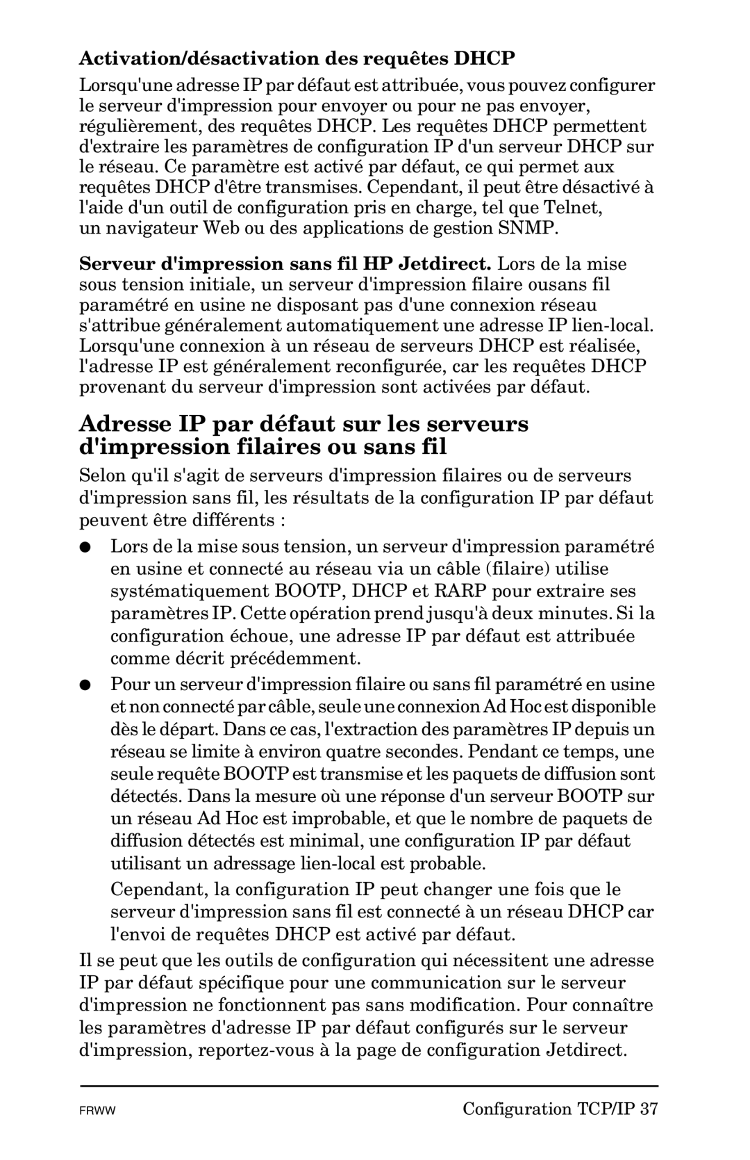 HP 620n, Ew2400, En3700 manual Activation/désactivation des requêtes Dhcp 