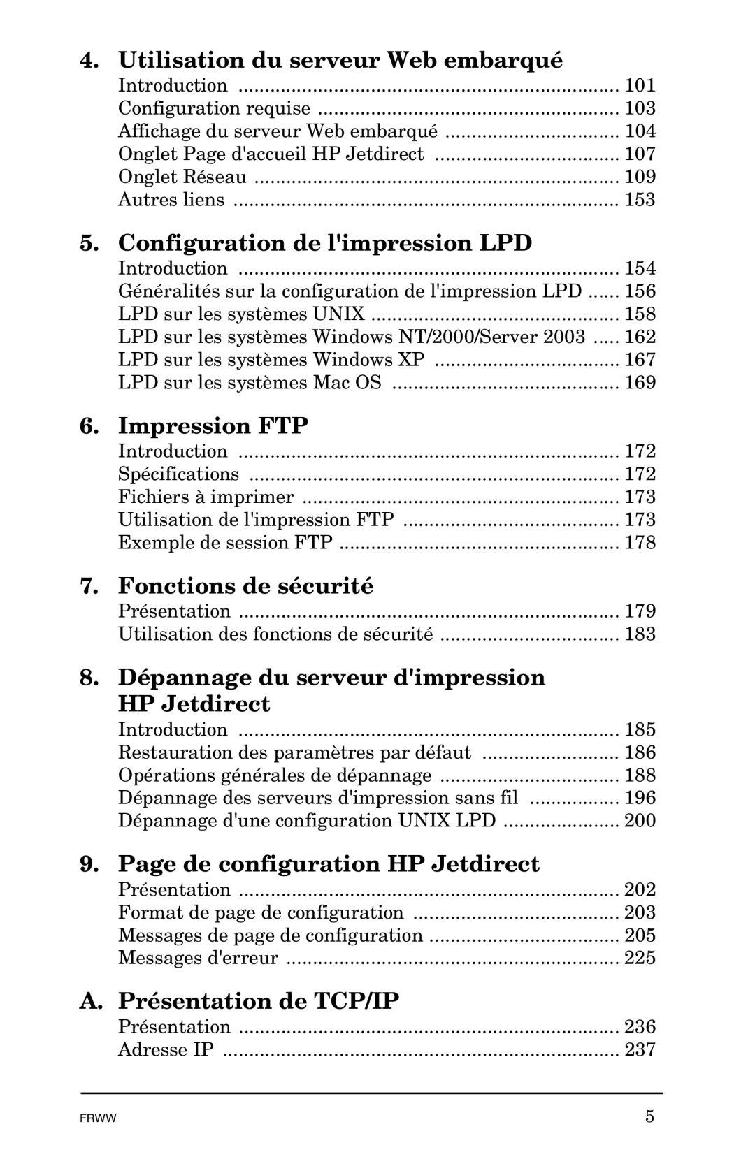 HP En3700 Utilisation du serveur Web embarqué, Configuration de limpression LPD, Impression FTP, Fonctions de sécurité 