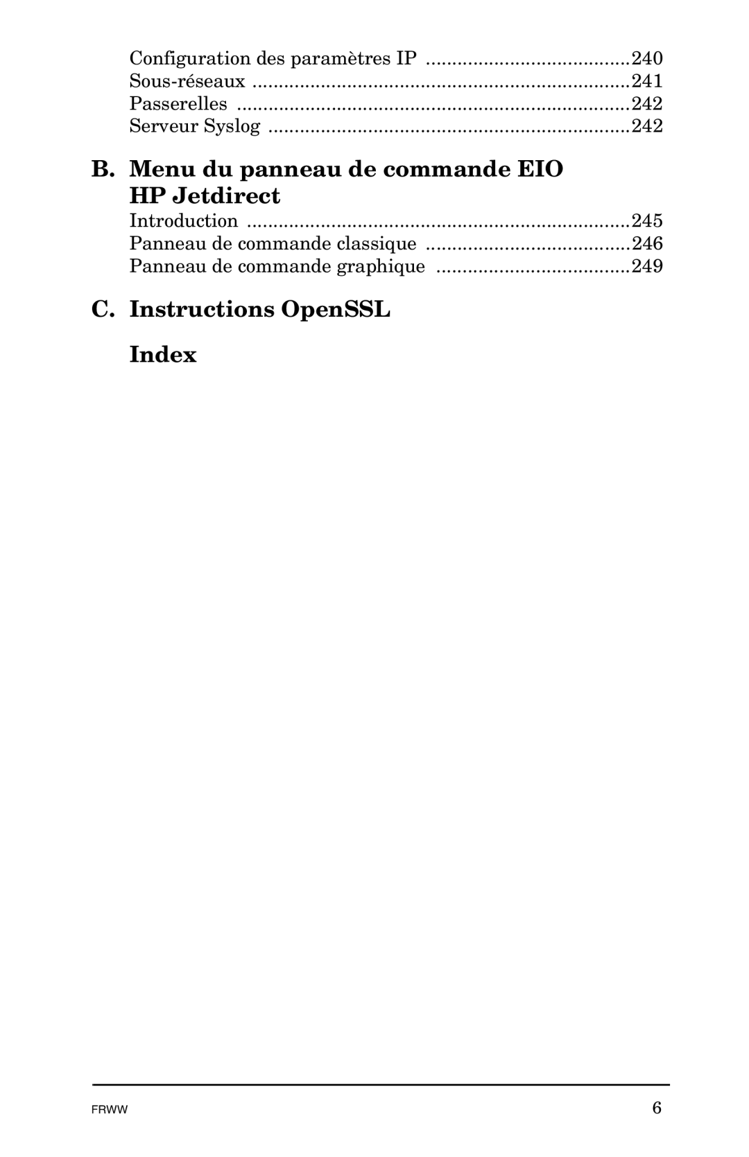 HP Ew2400, 620n, En3700 manual Menu du panneau de commande EIO HP Jetdirect, Instructions OpenSSL Index 