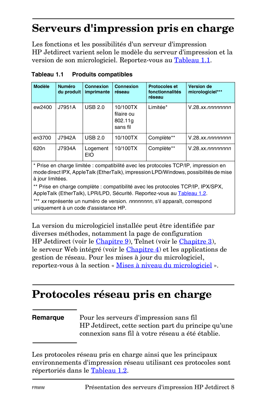 HP En3700 Serveurs dimpression pris en charge, Protocoles réseau pris en charge, Tableau 1.1 Produits compatibles, Eio 