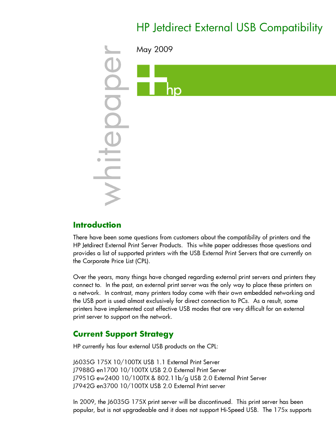 HP ew2400 802.11g Print Server manual Introduction, Current Support Strategy 
