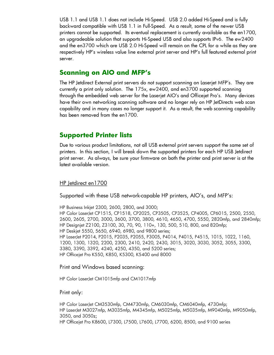 HP ew2400 802.11g Print Server manual Scanning on AIO and MFP’s, Supported Printer lists, Print and Windows based scanning 