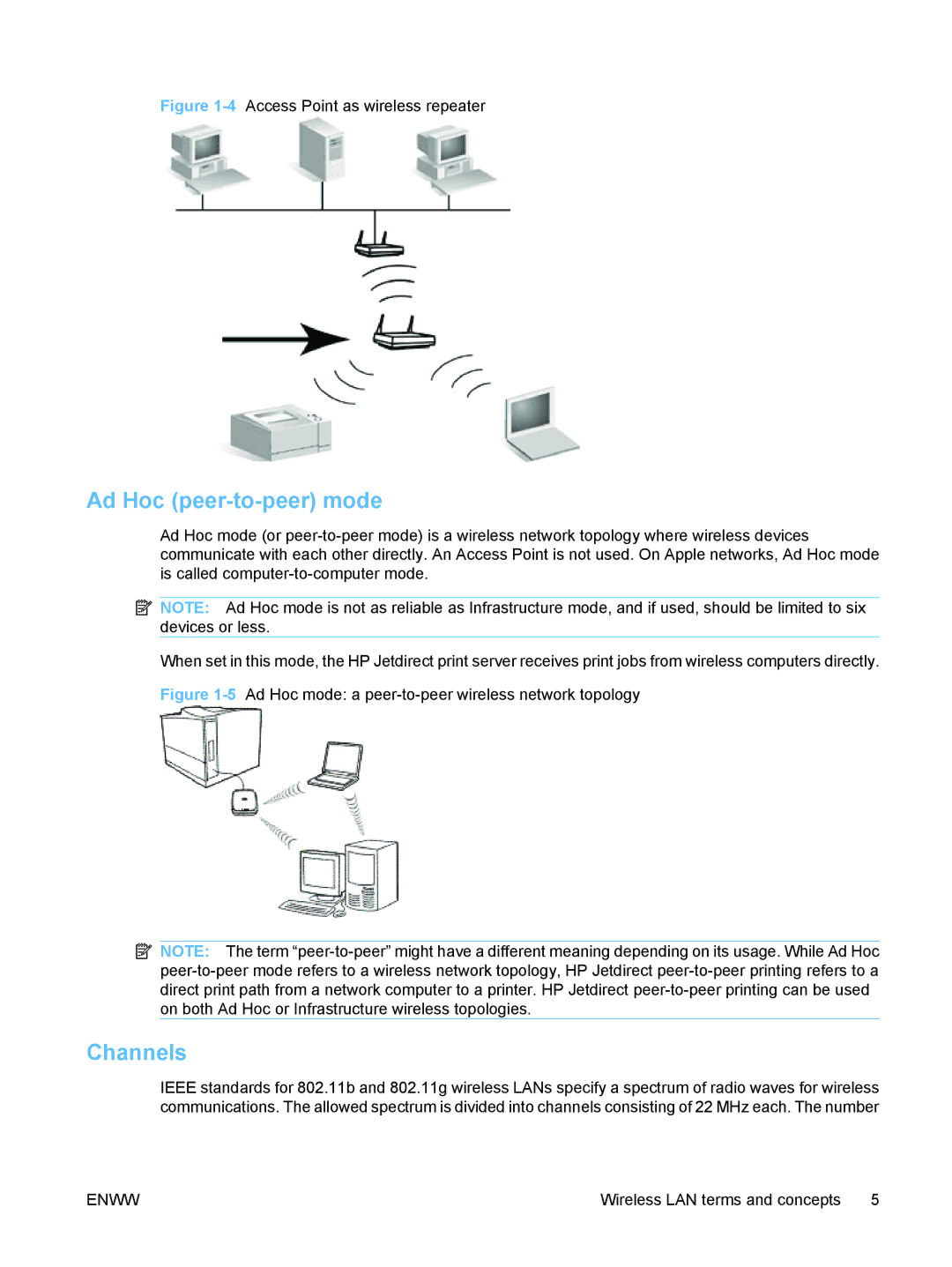 HP ew2500 802.11b/g Print Server manual Ad Hoc peer-to-peer mode, Channels 