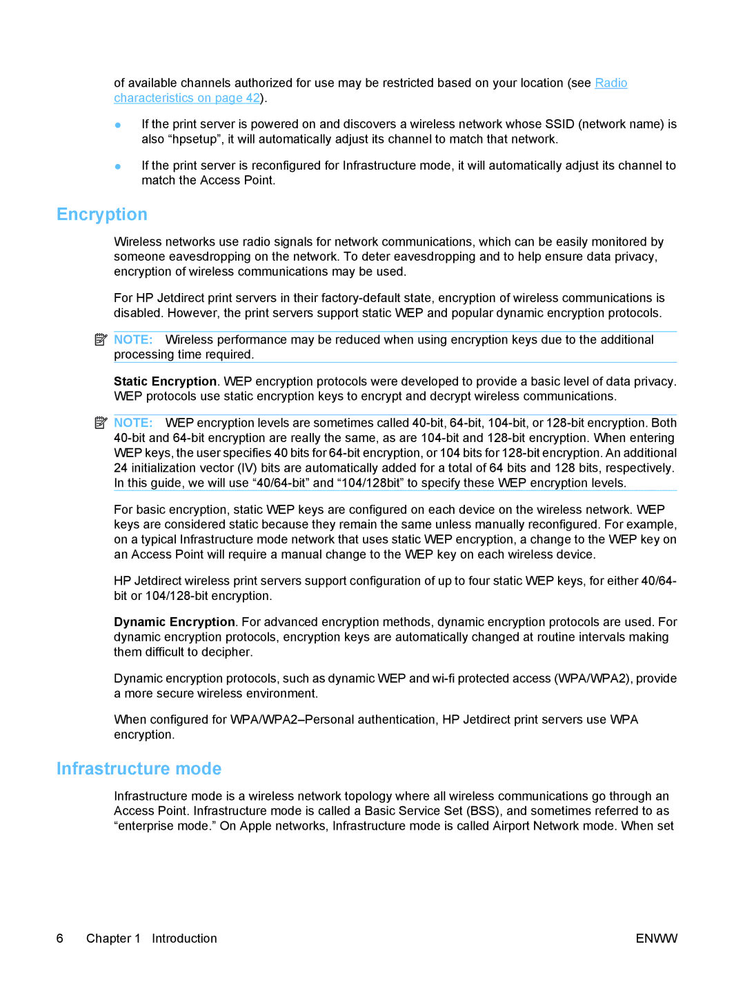 HP ew2500 802.11b/g Print Server manual Encryption, Infrastructure mode 