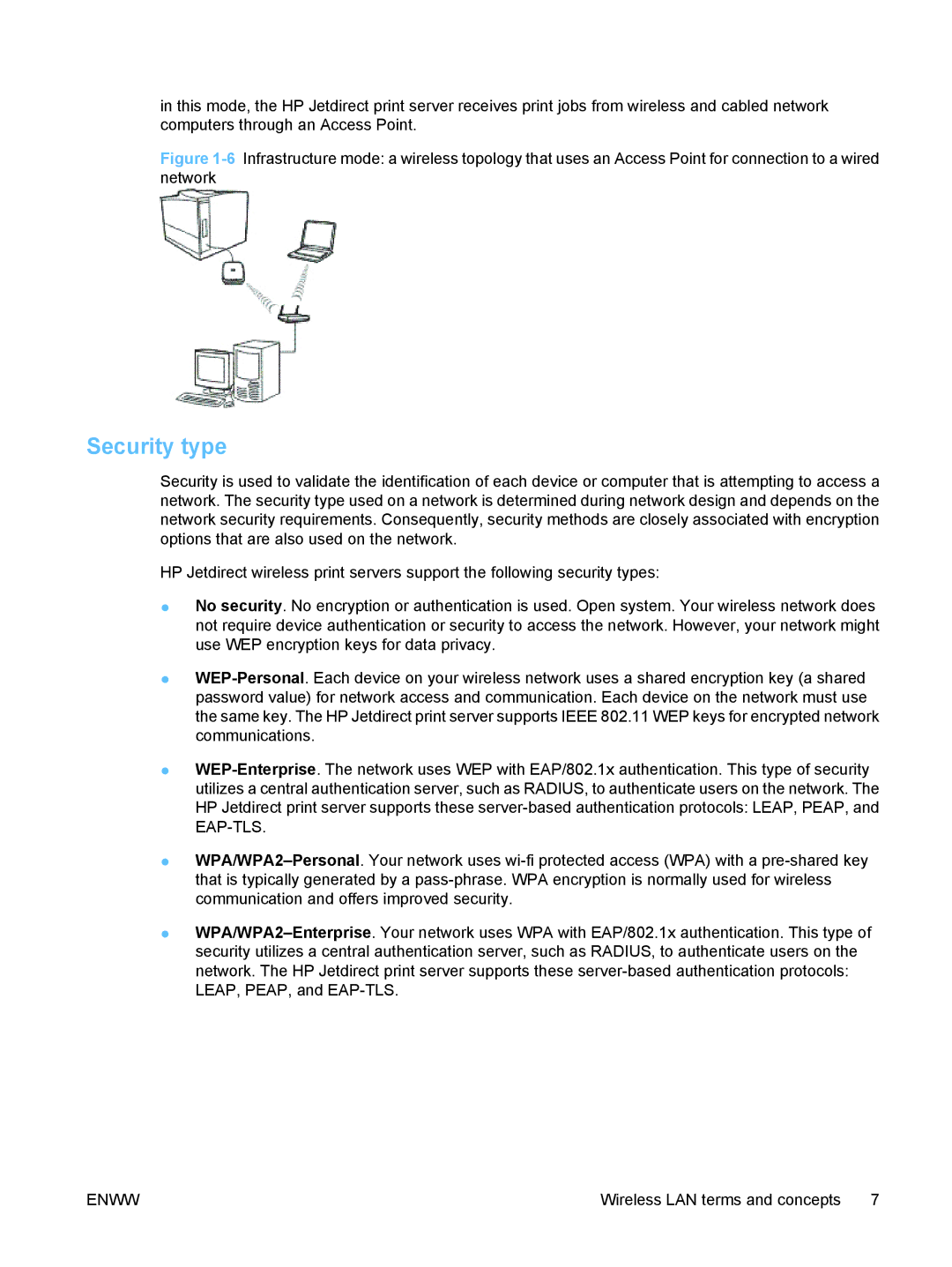 HP ew2500 802.11b/g Print Server manual Security type 