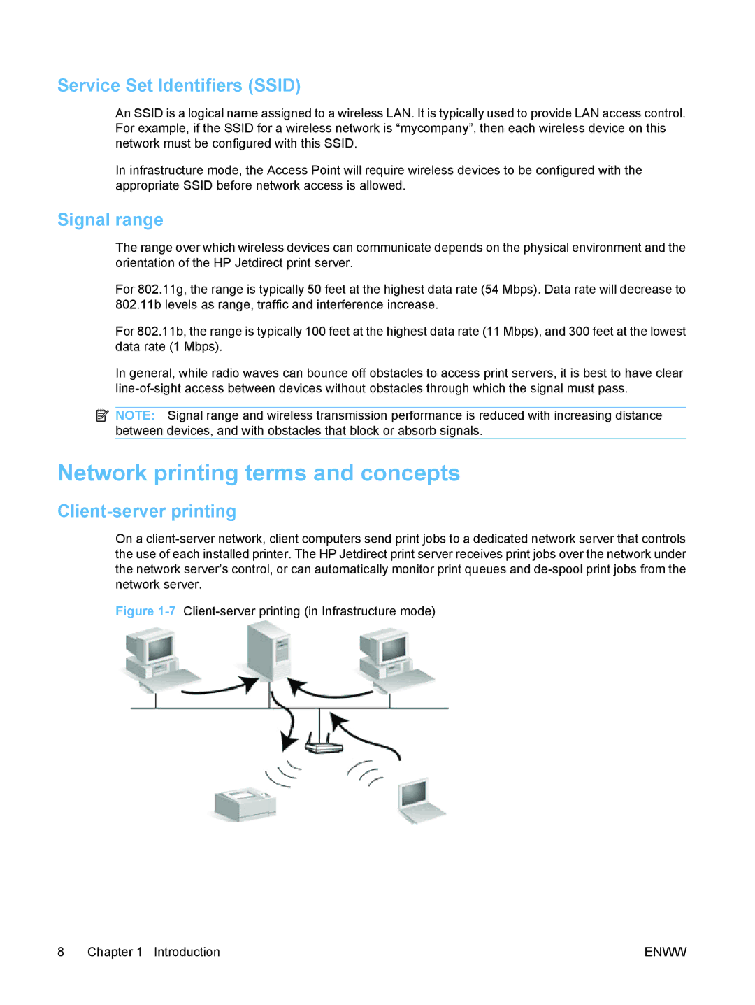 HP ew2500 802.11b/g Print Server manual Network printing terms and concepts, Service Set Identifiers Ssid, Signal range 