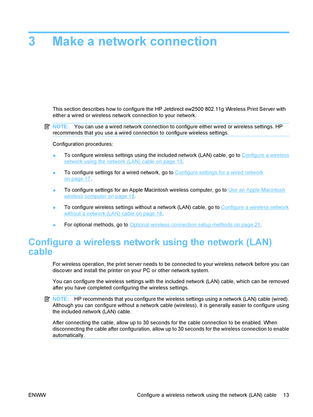 HP ew2500 802.11b/g Print Server manual Make a network connection, Configure a wireless network using the network LAN cable 