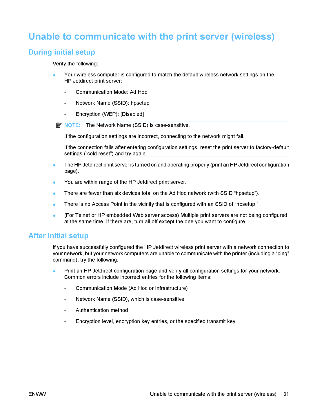 HP ew2500 802.11b/g Print Server manual Unable to communicate with the print server wireless, During initial setup 