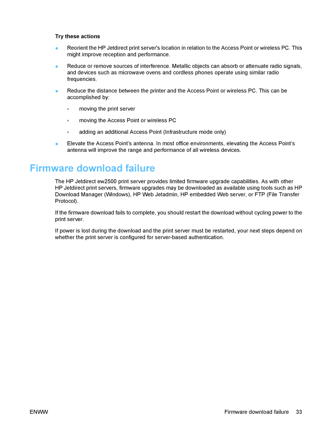 HP ew2500 802.11b/g Print Server manual Firmware download failure, Try these actions 