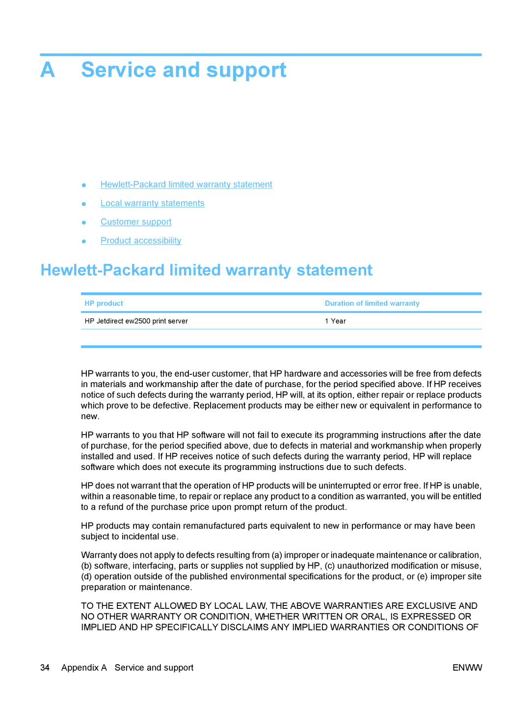 HP ew2500 802.11b/g Print Server manual Service and support, Hewlett-Packard limited warranty statement 