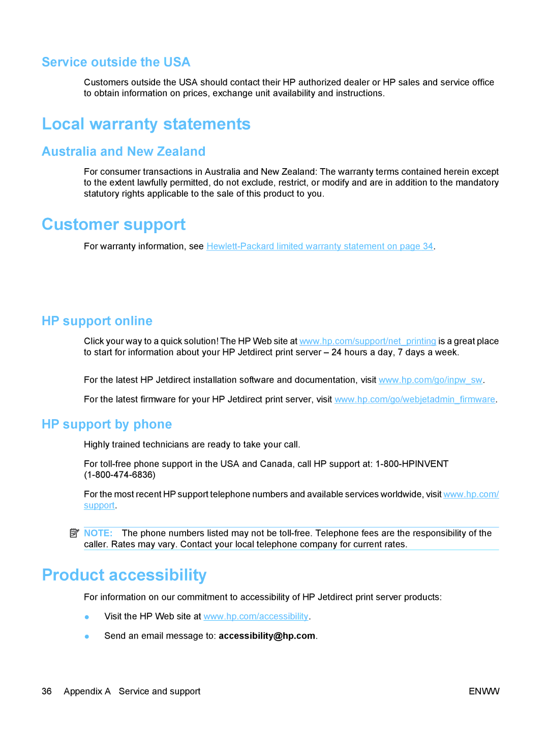 HP ew2500 802.11b/g Print Server manual Local warranty statements, Customer support, Product accessibility 