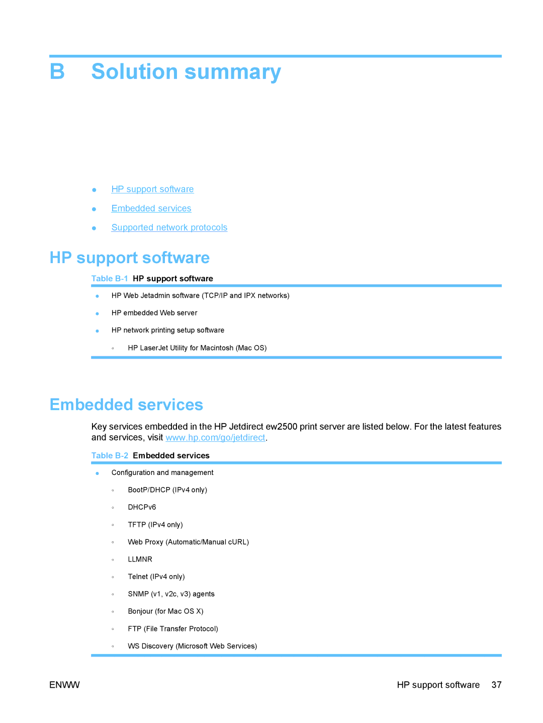 HP ew2500 802.11b/g Print Server manual Solution summary, HP support software, Embedded services 