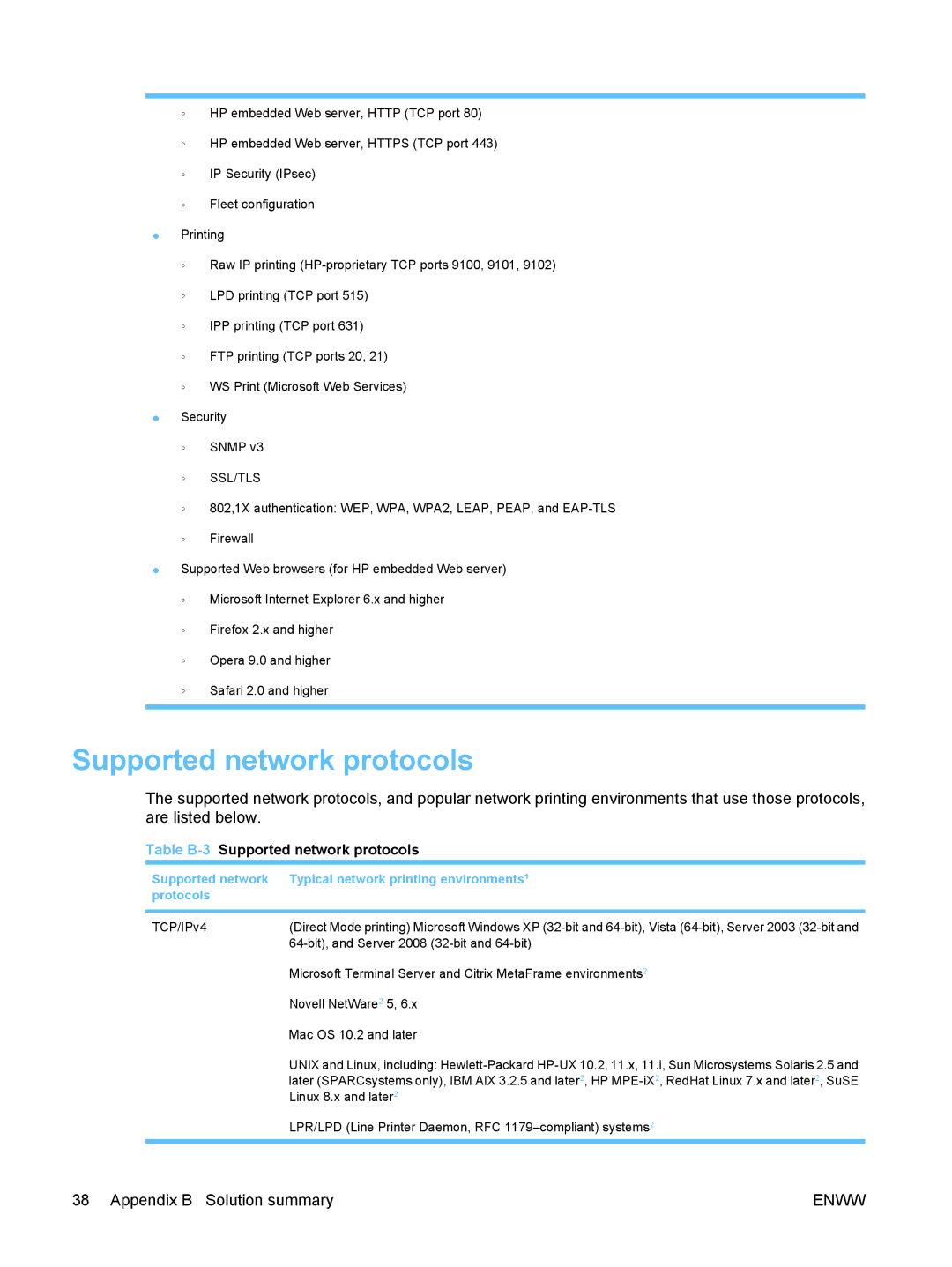 HP ew2500 802.11b/g Print Server manual Supported network protocols, Ssl/Tls 