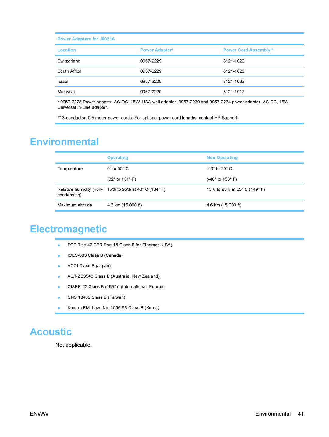 HP ew2500 802.11b/g Print Server manual Environmental, Electromagnetic, Acoustic 