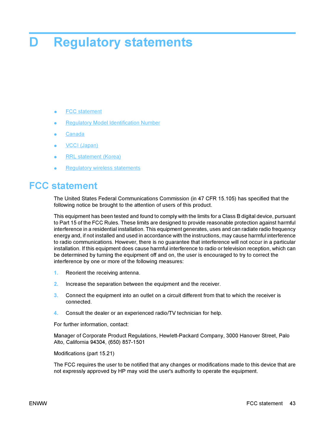 HP ew2500 802.11b/g Print Server manual Regulatory statements, FCC statement 