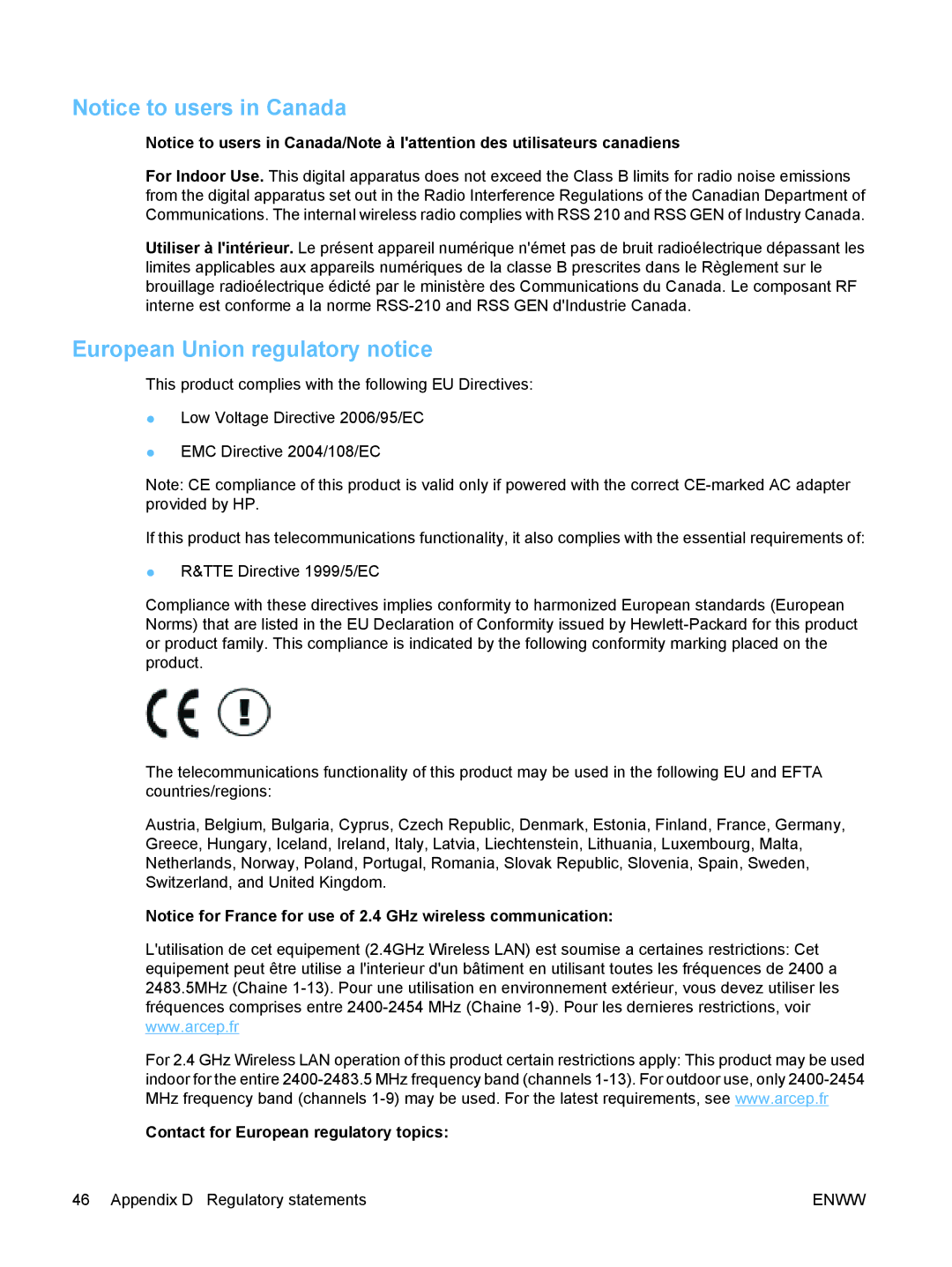 HP ew2500 802.11b/g Print Server manual European Union regulatory notice, Contact for European regulatory topics 