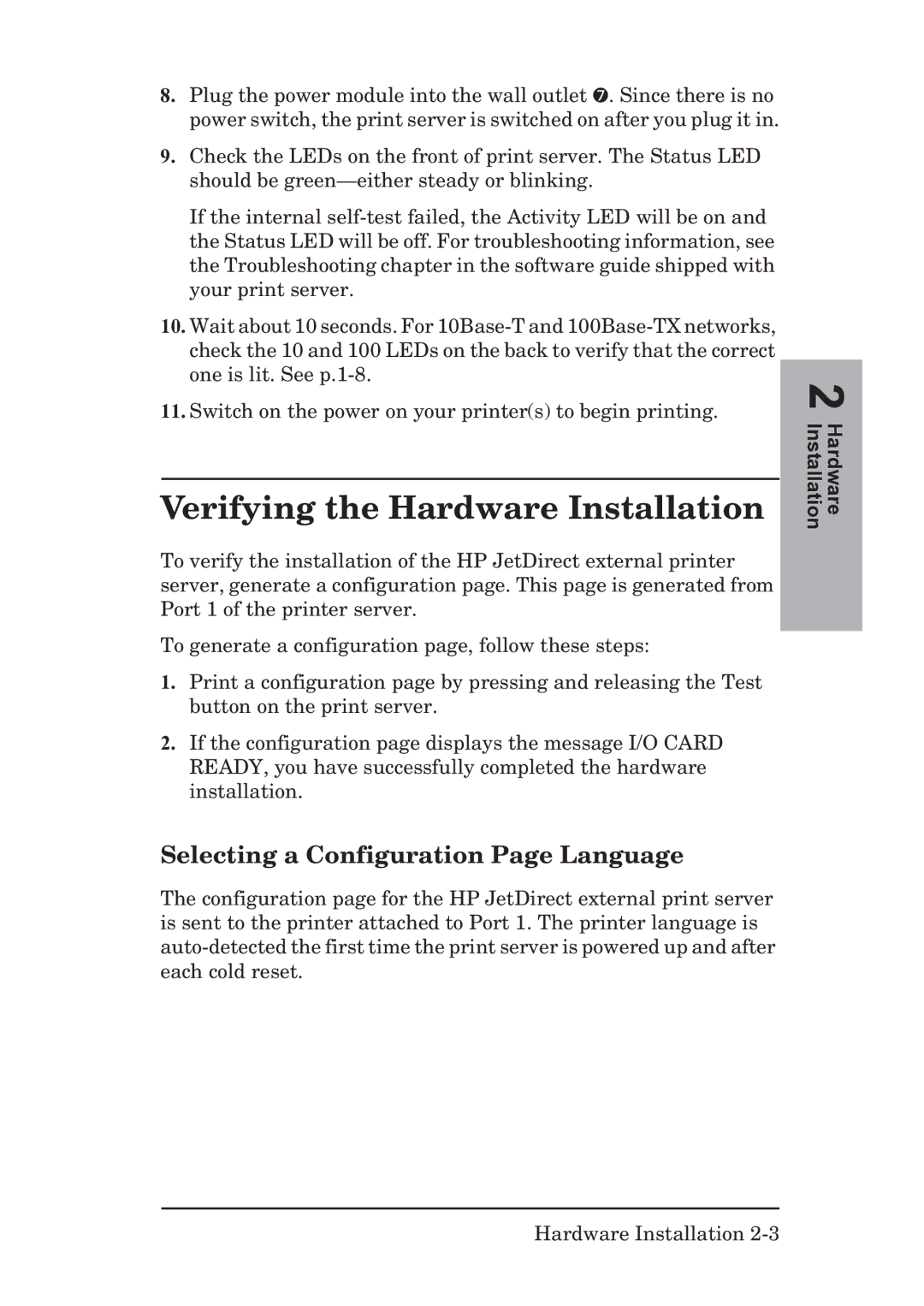 HP EX Plus manual Verifying the Hardware Installation, Selecting a Configuration Page Language 