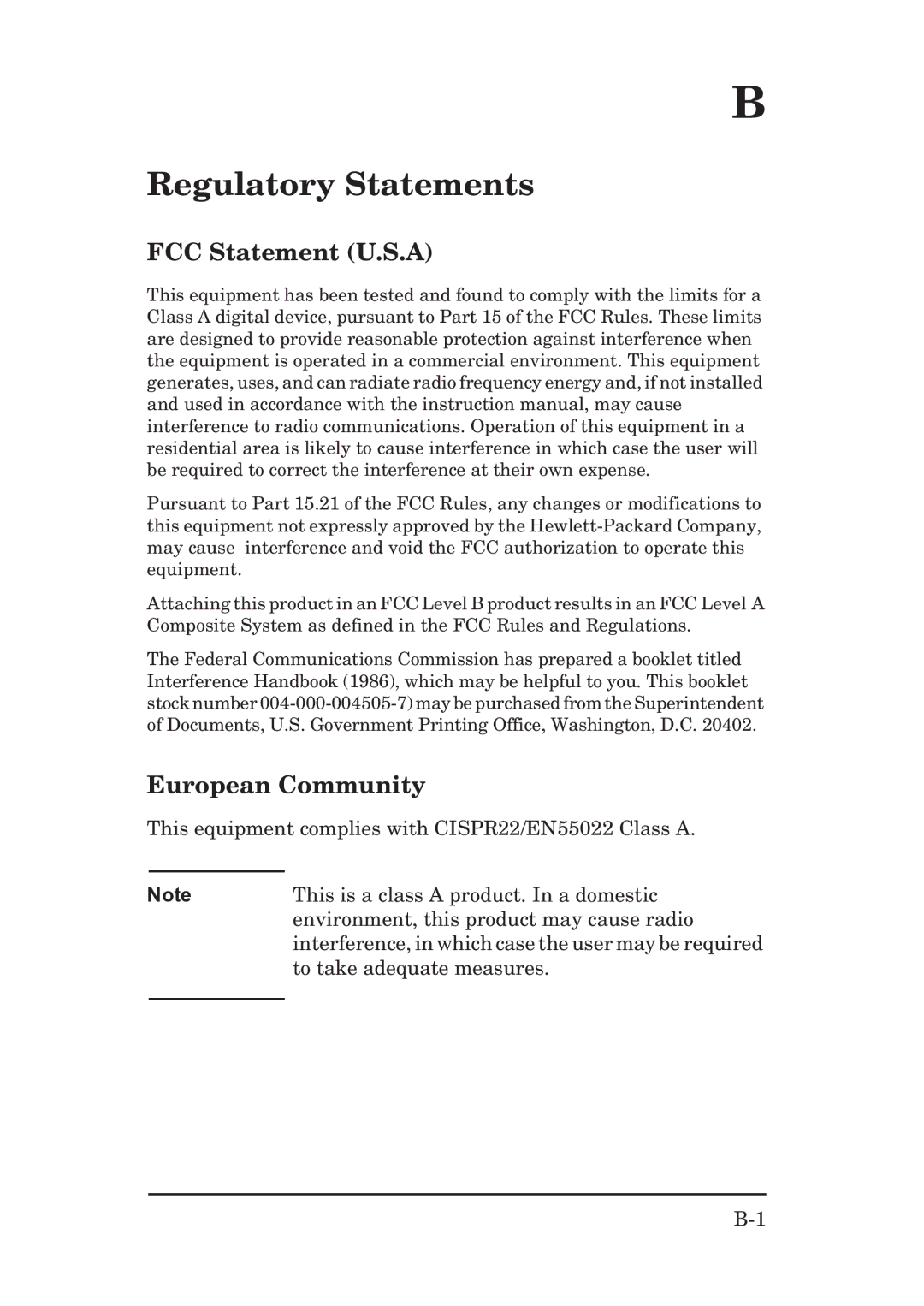 HP EX Plus manual Regulatory Statements, FCC Statement U.S.A, European Community 