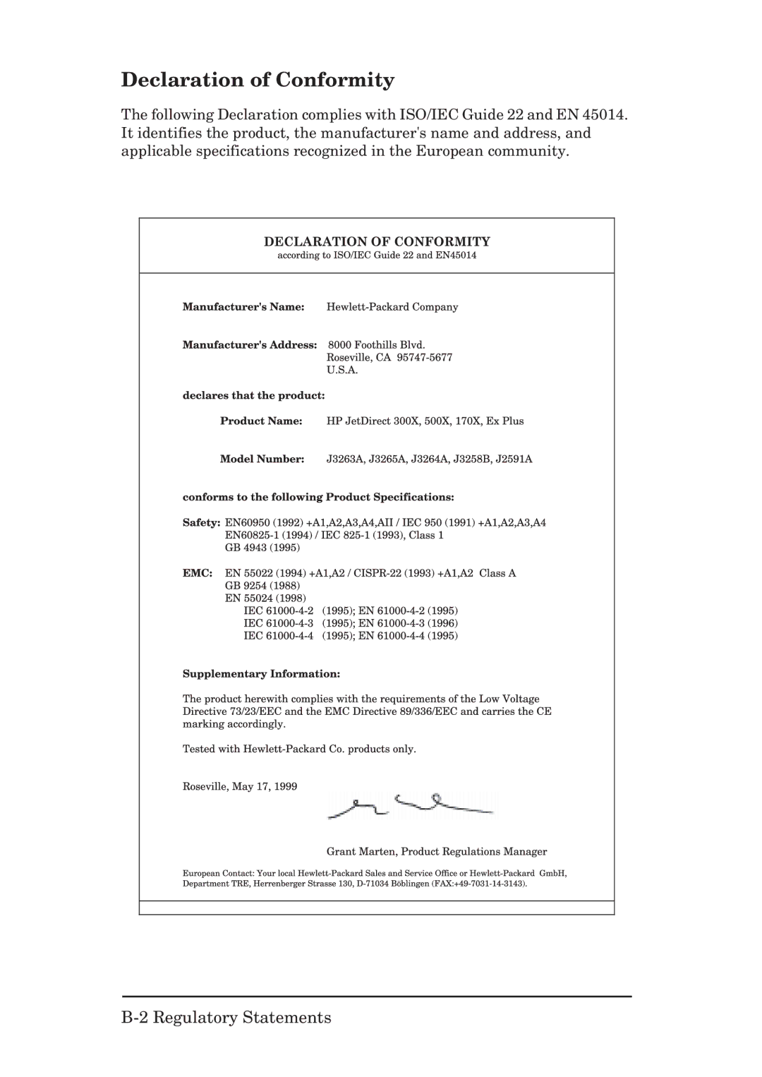 HP EX Plus manual Declaration of Conformity 