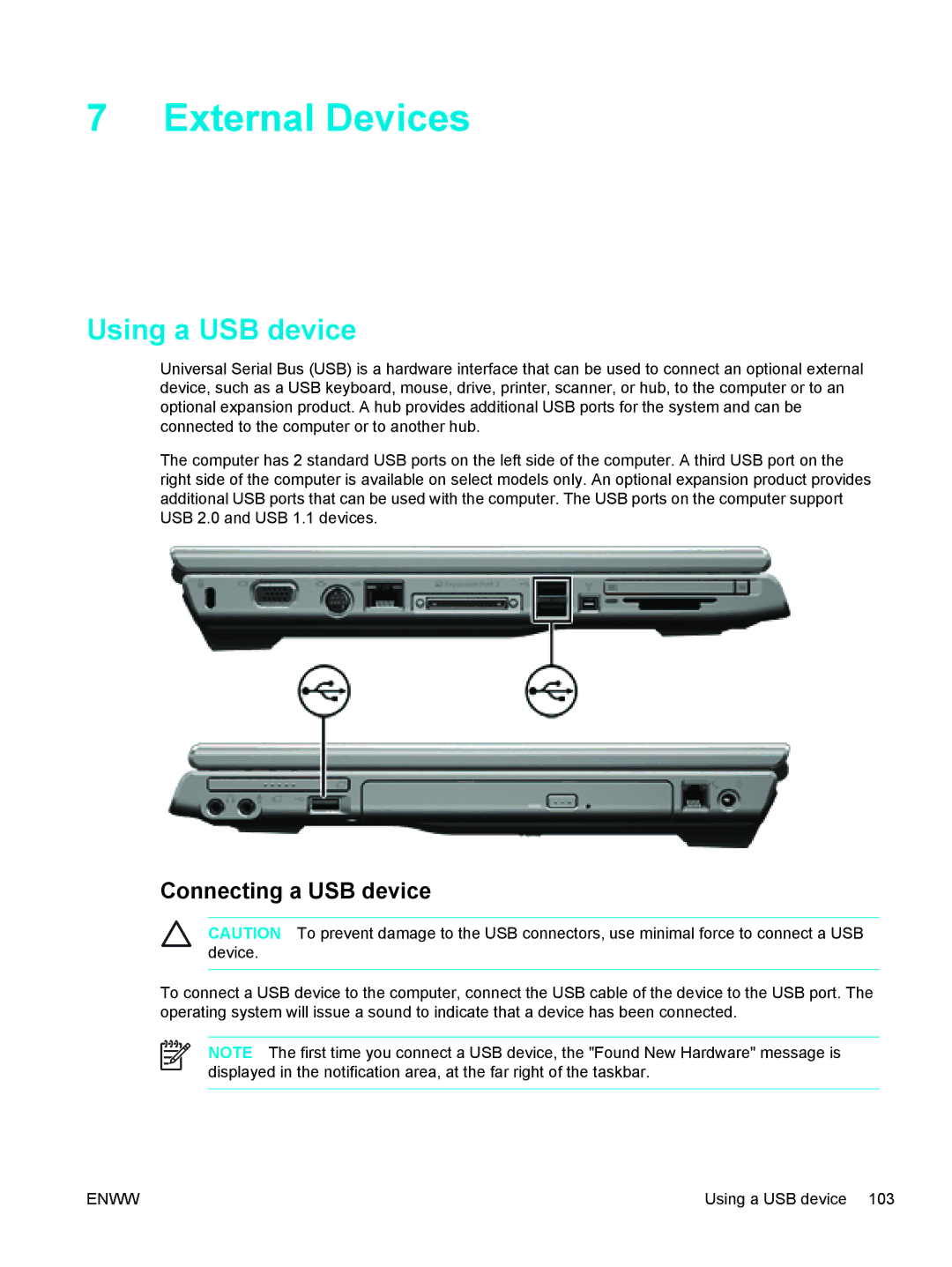 HP EX691UA-NOOS manual External Devices, Using a USB device, Connecting a USB device 