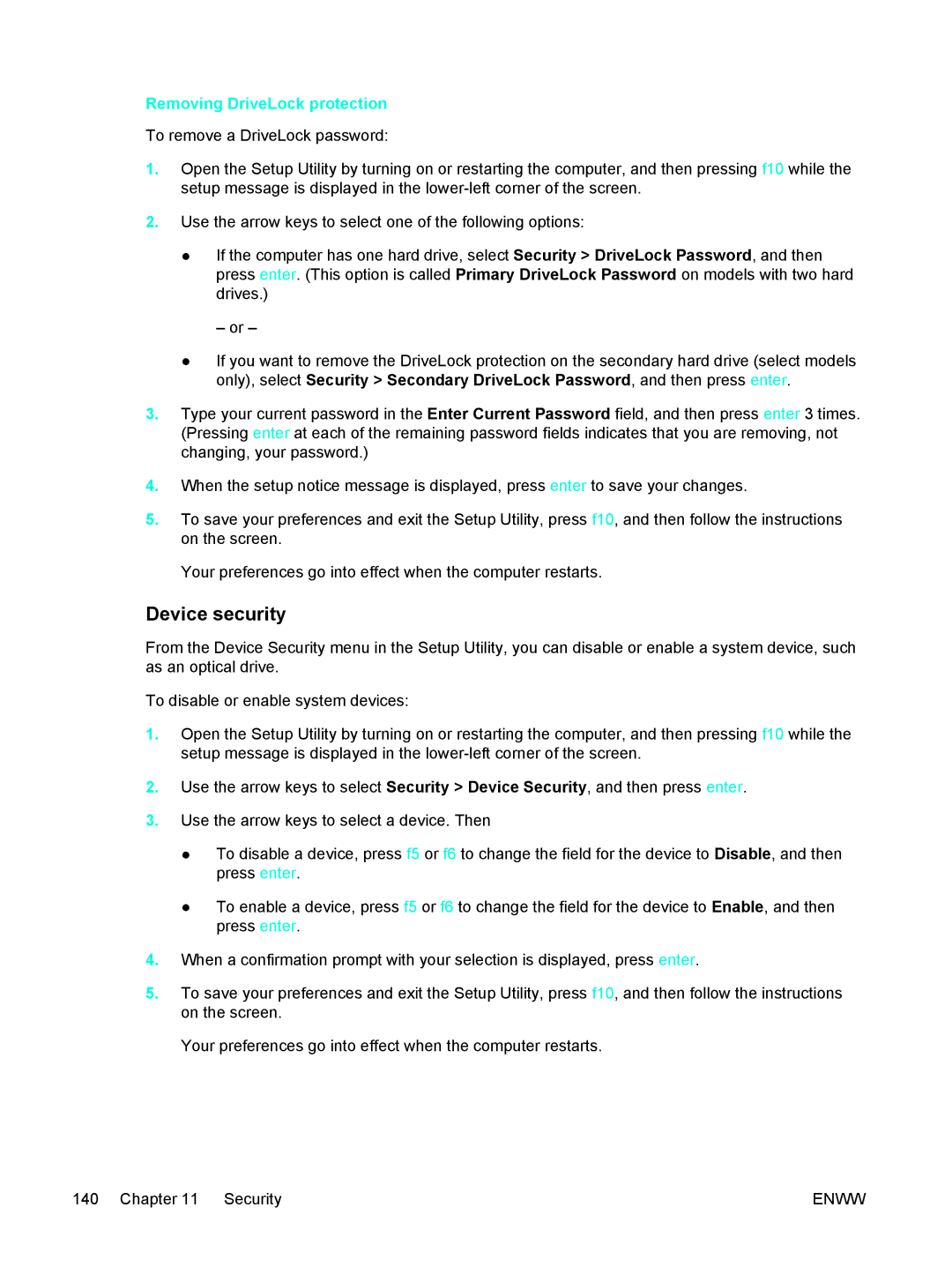 HP EX691UA-NOOS manual Device security, Removing DriveLock protection 