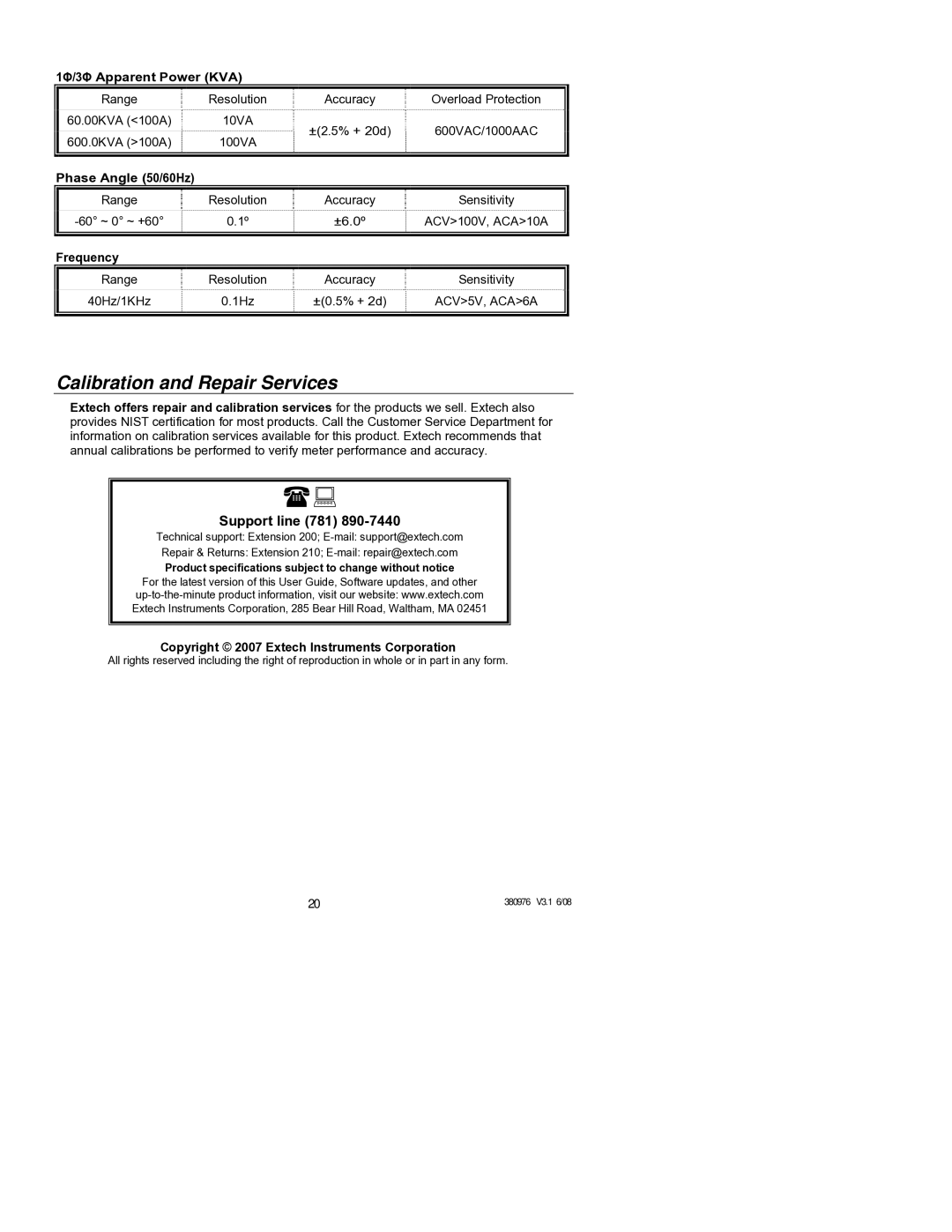 HP Extech 380976 manual Calibration and Repair Services, 1Φ/3Φ Apparent Power KVA, Phase Angle 50/60Hz, Frequency 