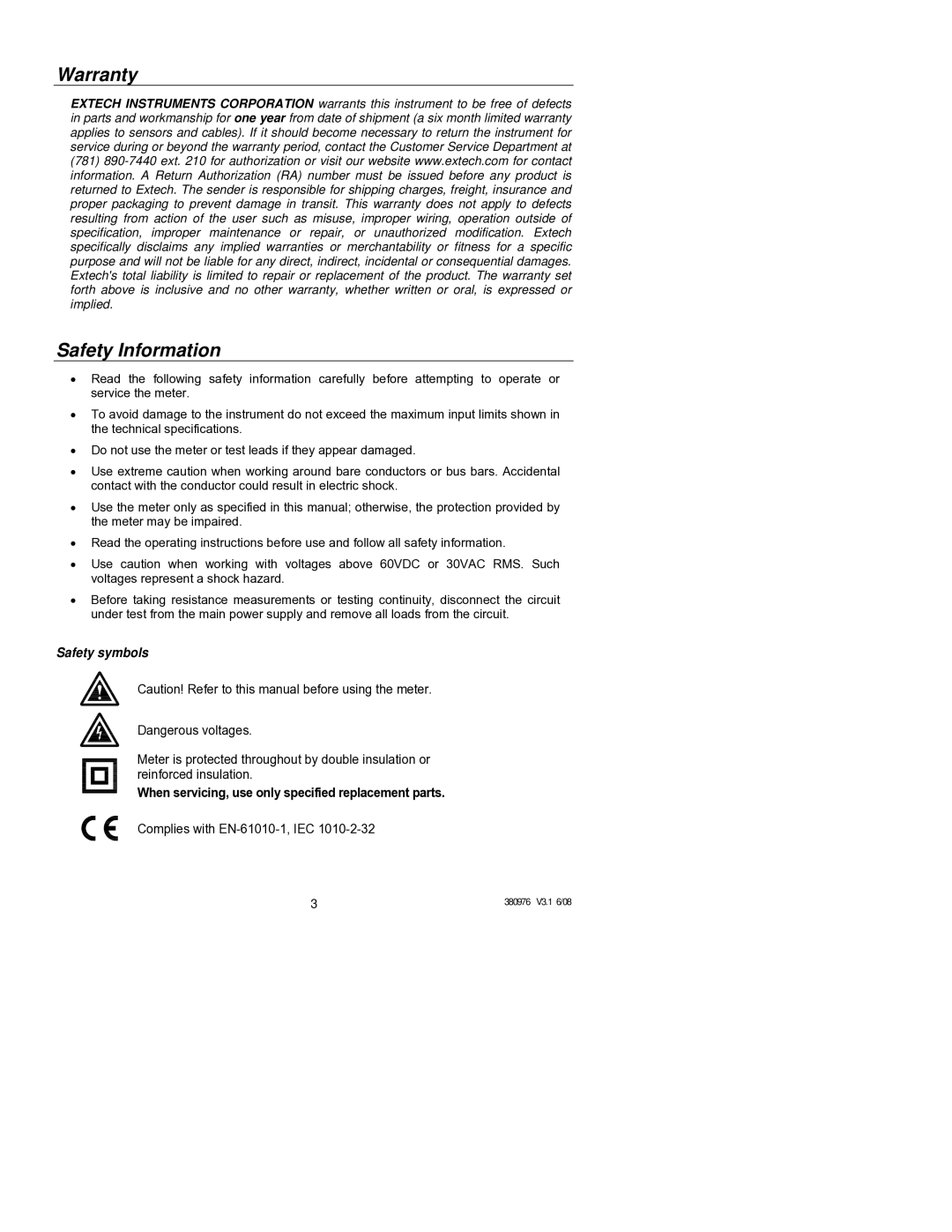 HP Extech 380976 manual Warranty, Safety Information, When servicing, use only specified replacement parts 