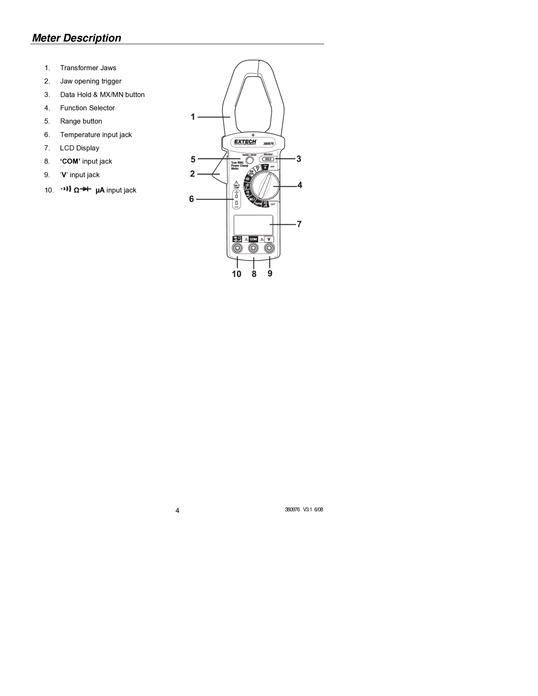 HP Extech 380976 manual Meter Description 