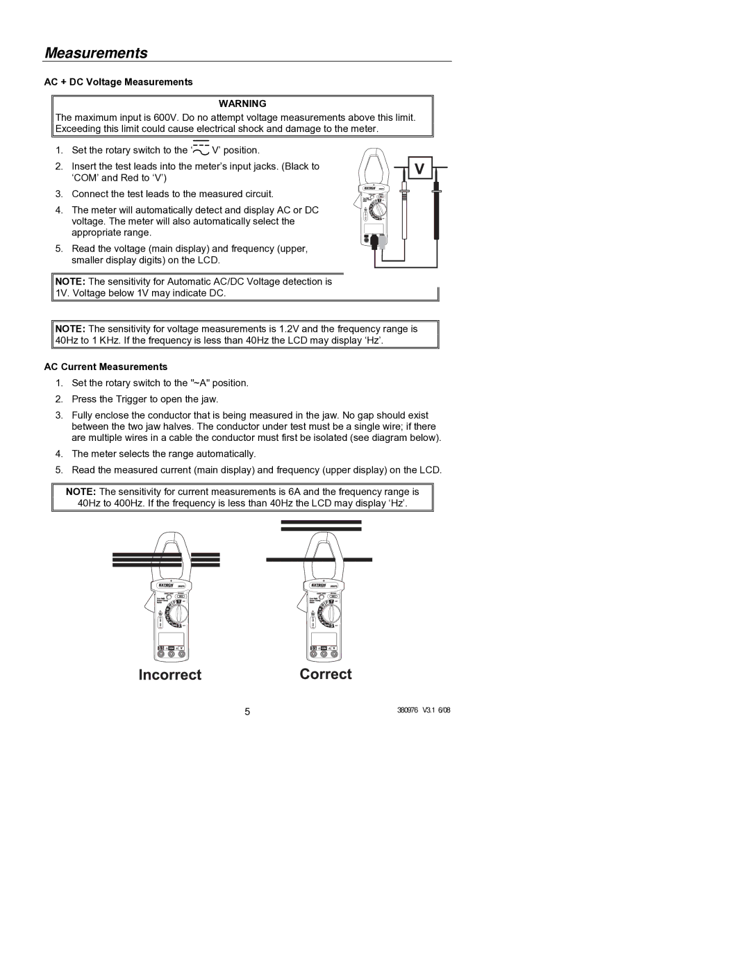 HP Extech 380976 manual AC + DC Voltage Measurements, AC Current Measurements 