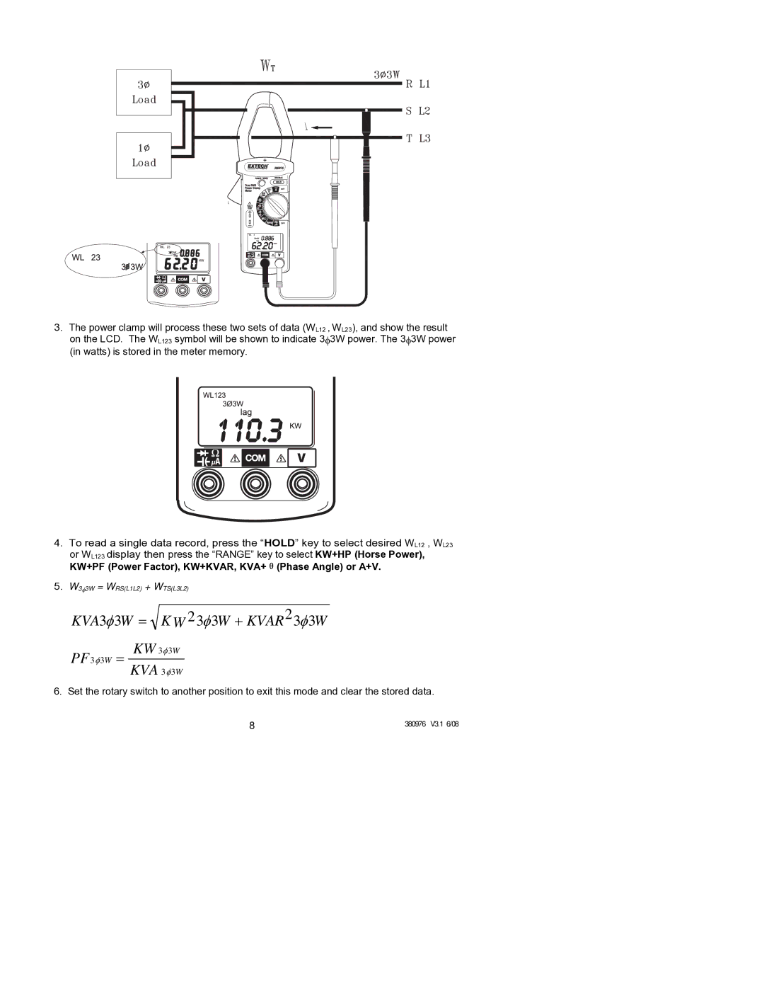 HP Extech 380976 manual KVA 3φ 3W, KW+PF Power Factor, KW+KVAR, KVA+θPhase Angle or A+V 