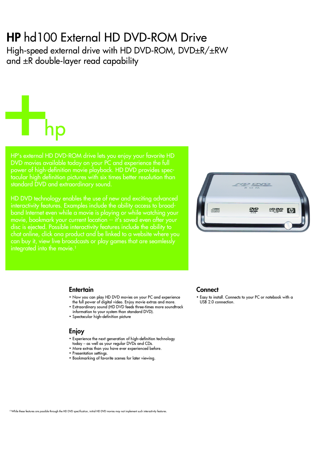 HP External HD DVD-ROM Drive hd100 manual Entertain, Enjoy, Connect 