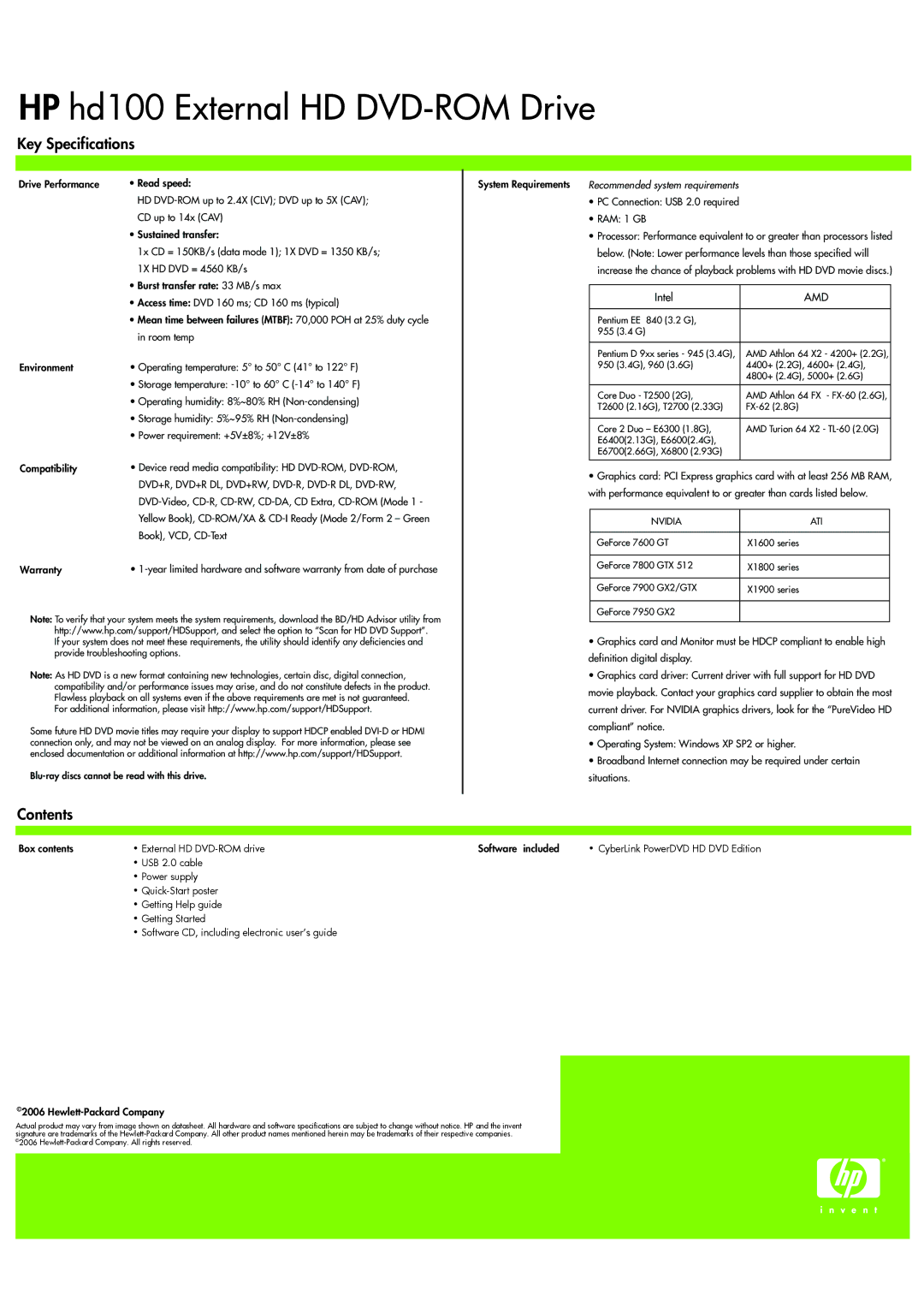 HP External HD DVD-ROM Drive hd100 manual Key Specifications, Contents 