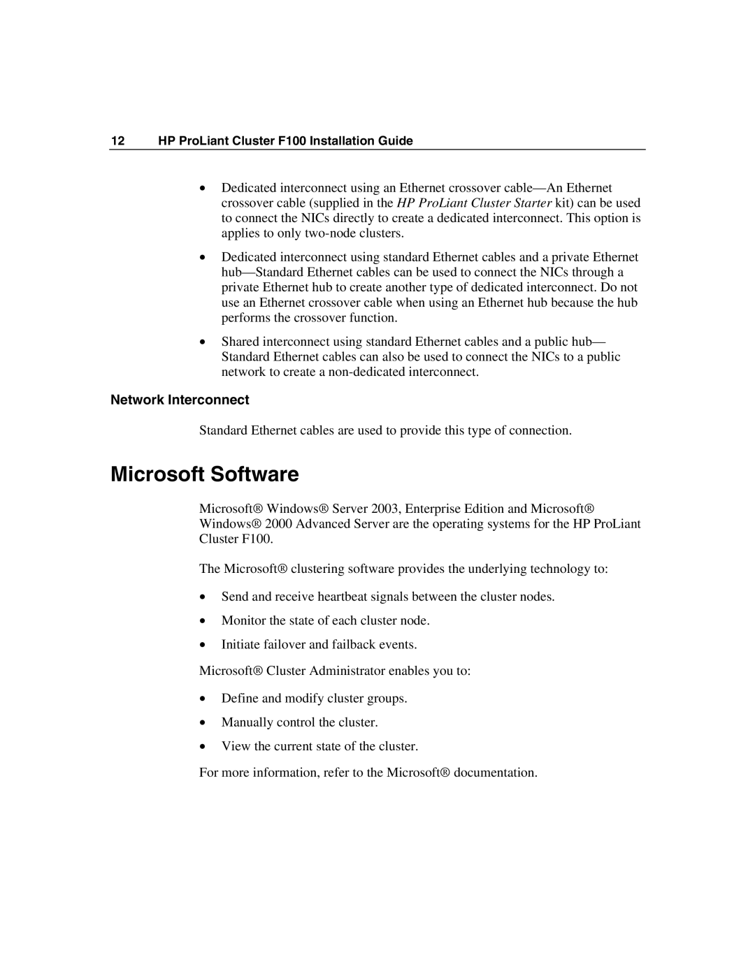 HP F100 manual Microsoft Software, Network Interconnect 