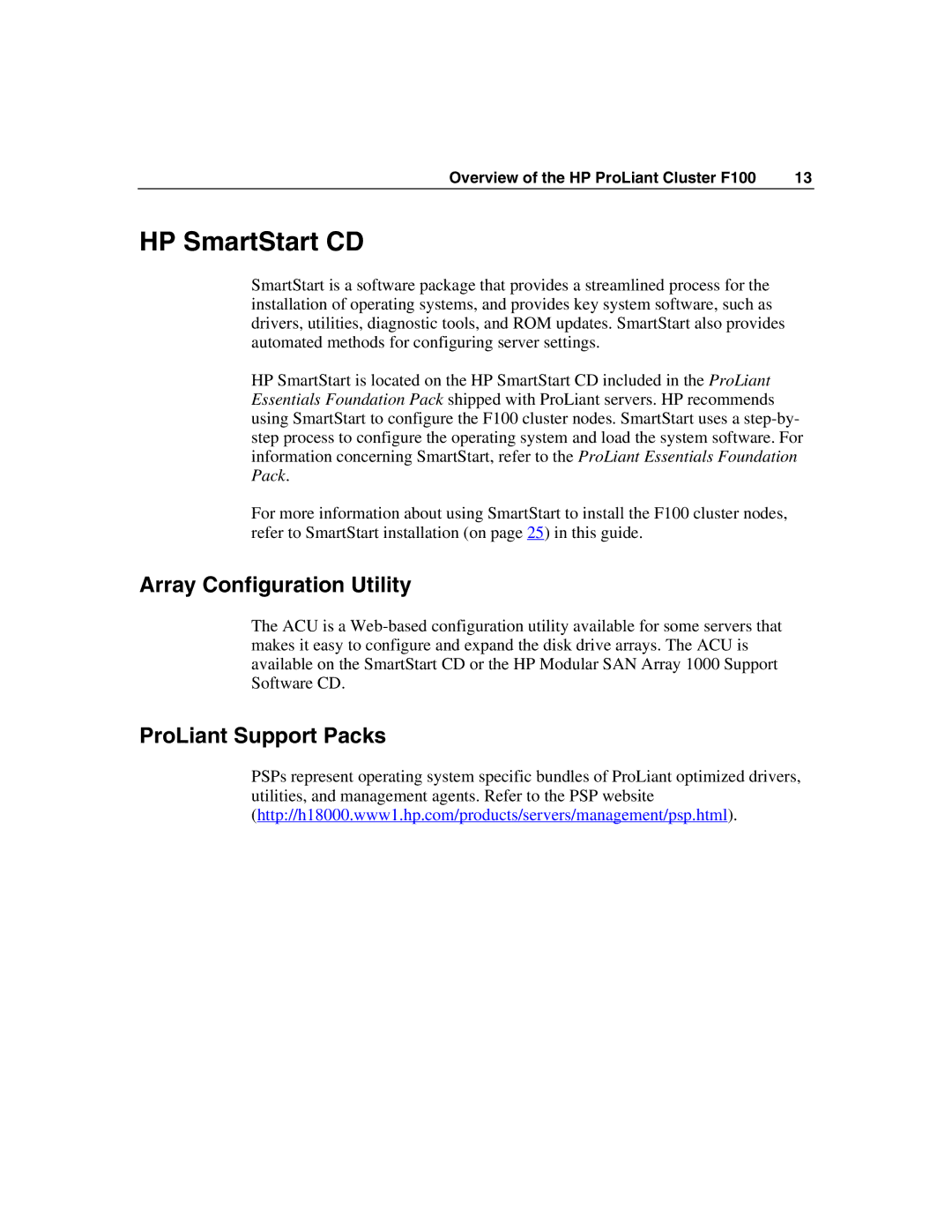 HP F100 manual HP SmartStart CD, Array Configuration Utility, ProLiant Support Packs 