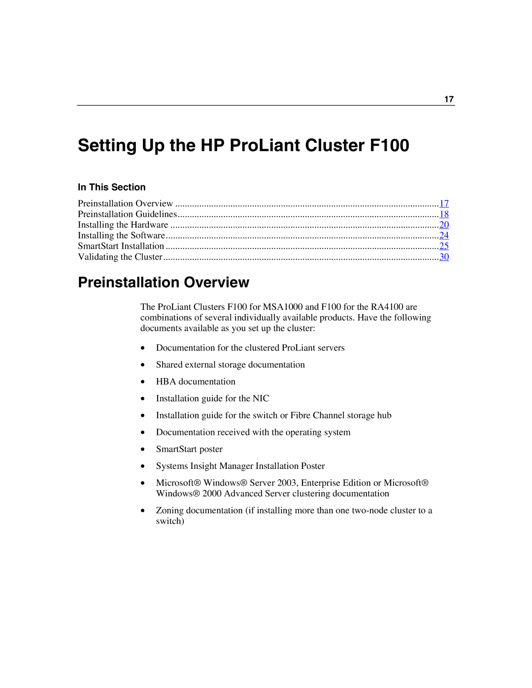 HP manual Setting Up the HP ProLiant Cluster F100, Preinstallation Overview 