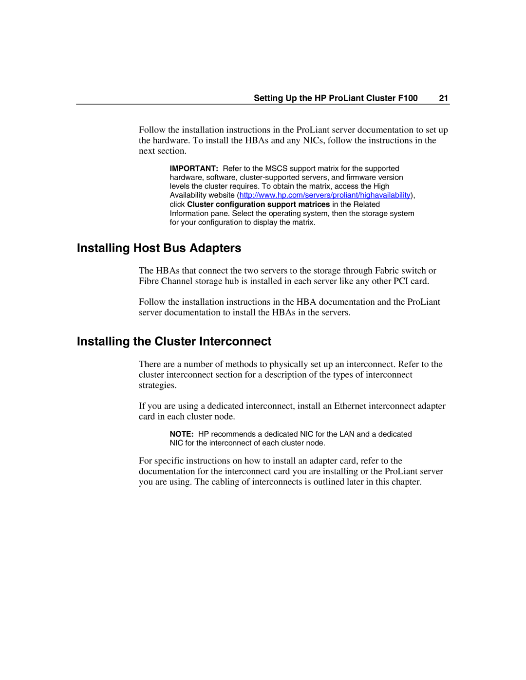 HP F100 manual Installing Host Bus Adapters, Installing the Cluster Interconnect 